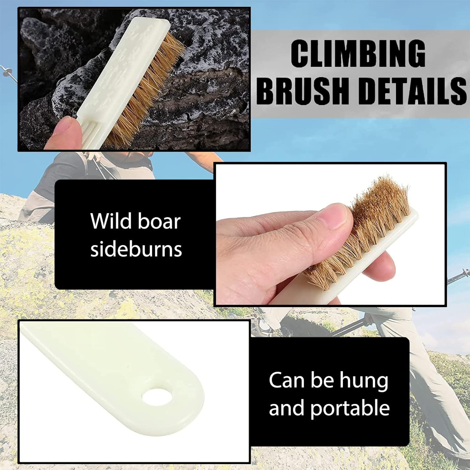 1Pcs Climbing and Bouldering Brush with 4 Rows Thick Boar'S Hair Bristles and Long Handle - Climbing Bouldering Boulder Cleaning Brush - Firm Bouldering Chalk Brush for Hold and Chalk image number 3