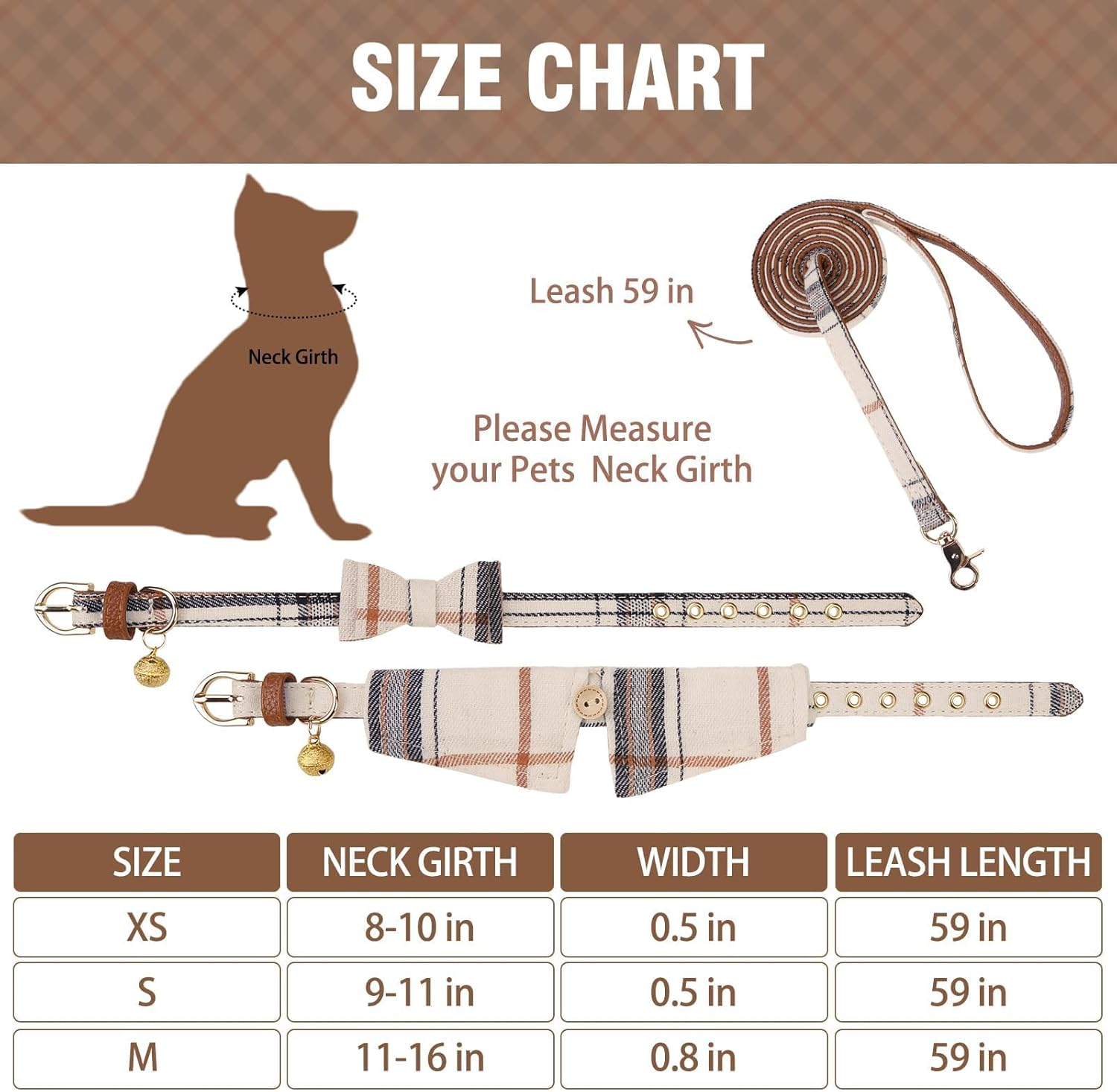 KOOLTAIL Small Dog Collar and Leash Set with Bowtie and Bells - Puppy Collar and Leash for Female/Male with Classic Plaid Matching Pattern, Soft Leather Leashes for Small Dogs Boys Girls, Shirt Plaid image number 2
