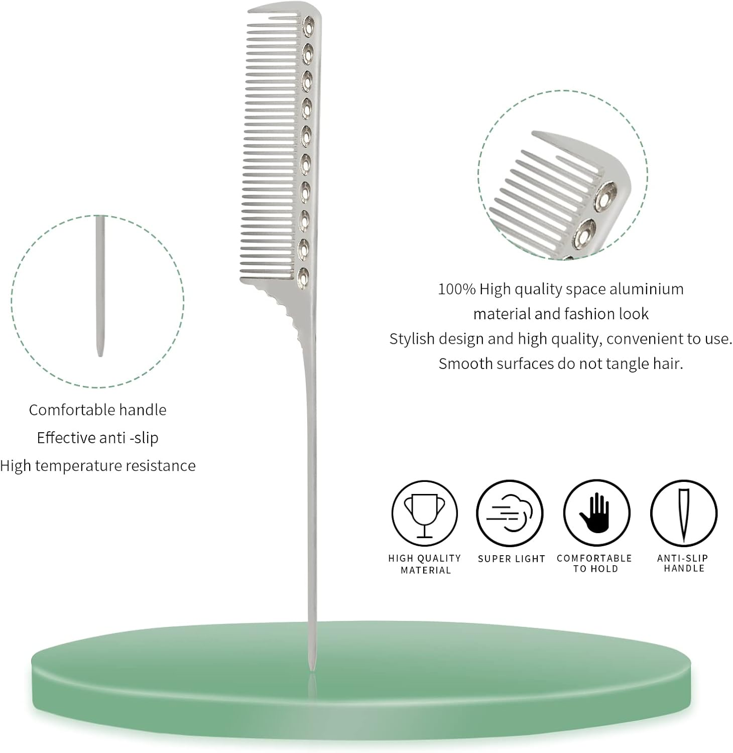 4 Types Metal Comb Set Professional Aluminum Dressing Comb Hair Comb Set for Barber Hair Styling, Included Fine Cutting Comb, Rat Tail Comb, Detangling Comb image number 2