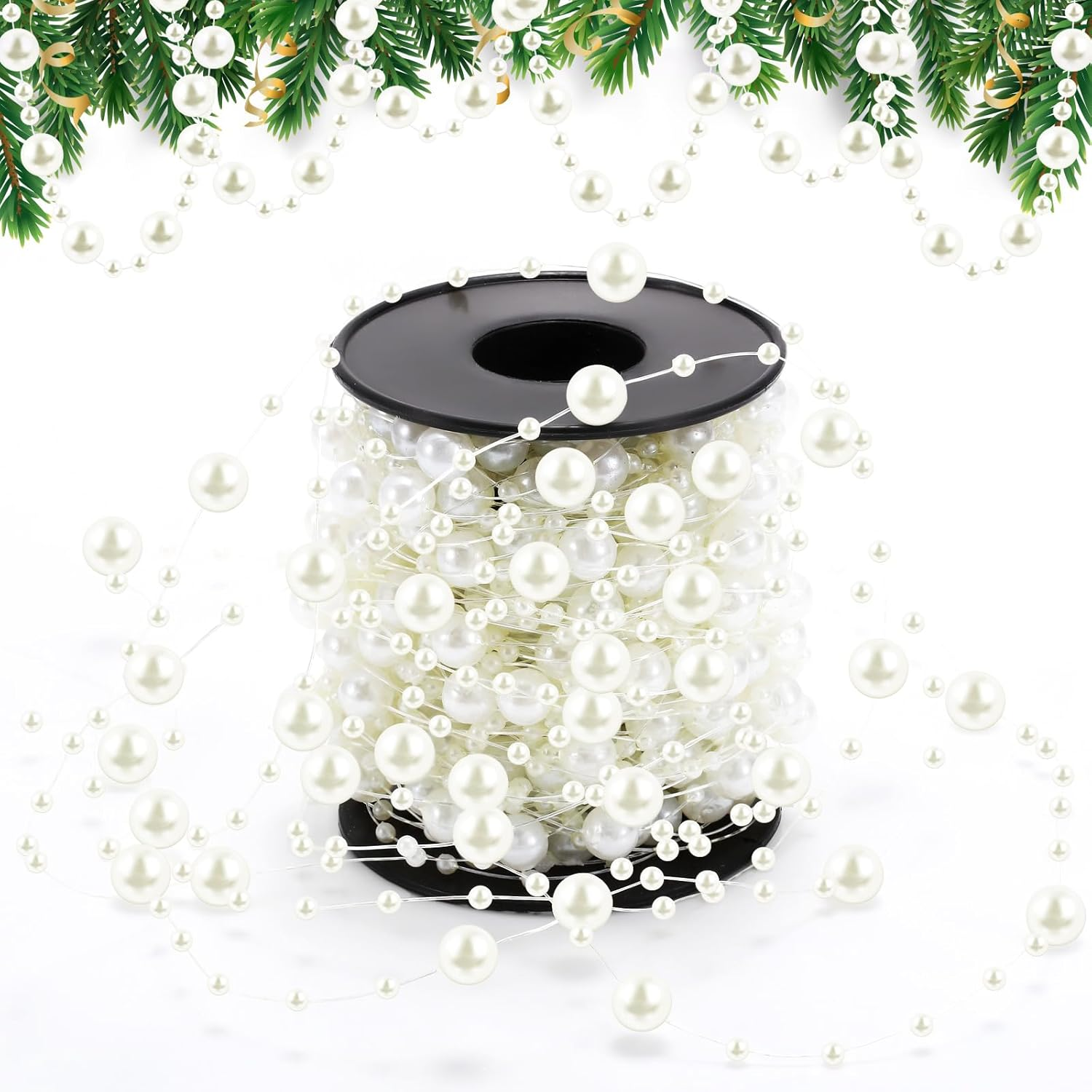 Pangda 65.6Ft Artificial Pearl Beads Garland Plastic Beaded String Strands Chain Ornament Roll for DIY Craft Christmas Tree Wedding Valentines Party Decoration Floral Centerpiece Supplies(Ivory) image number 4