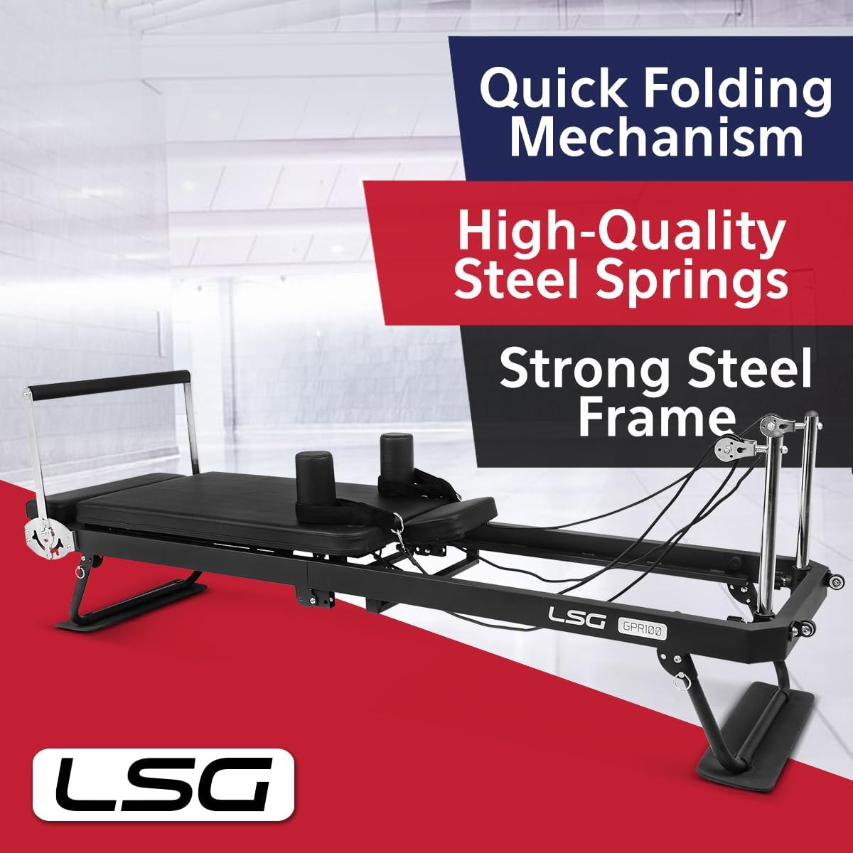 LSG GPR100 Foldable Pilates Reformer Machine 4 Spring & 5 Latex Cord Steel Frame image number 1