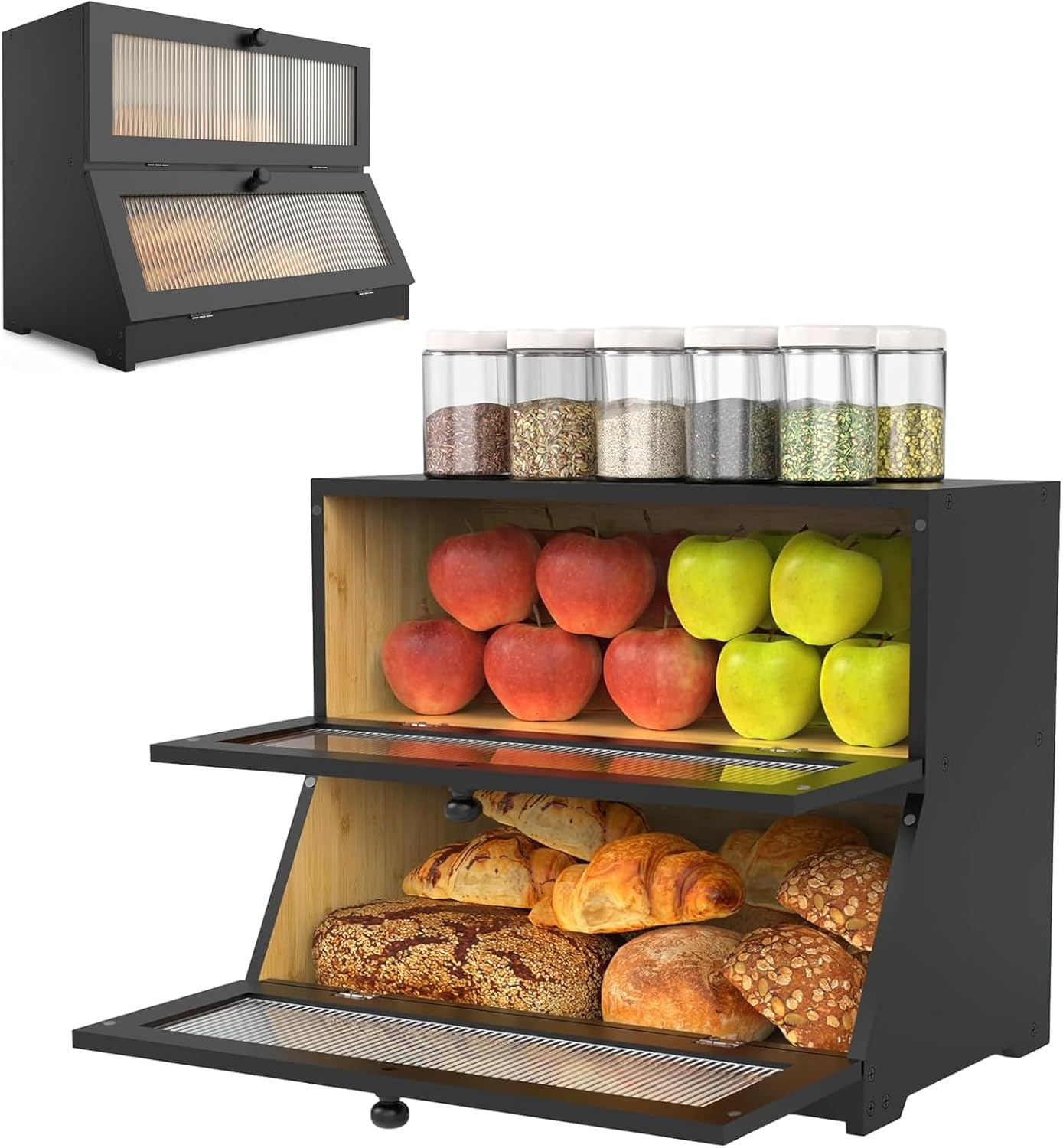 Black Bread Storage Container for Homemade Bread, Large Bread Box for Kitchen Countertop, Two Layer Farmhouse Breadbox Organizer for Kitchen Counter Corner, Cabinet, 39 * 24 * 32Cm image number 5