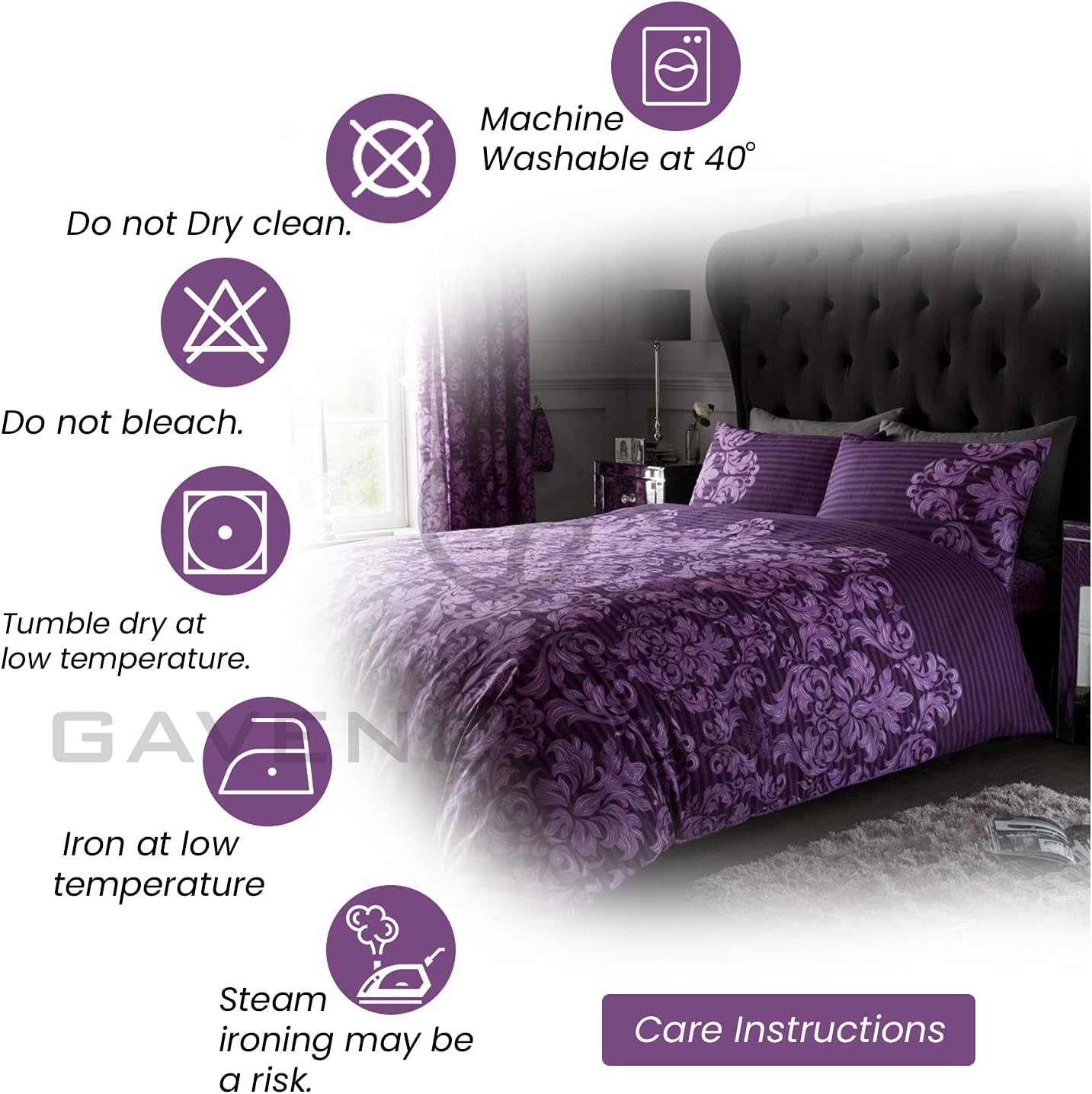 GC GAVENO CAVAILIA Damask Bedding Double Bed Set - Flower Duvet Cover - Comforter Covers with Pillow Cases - Purple image number 6