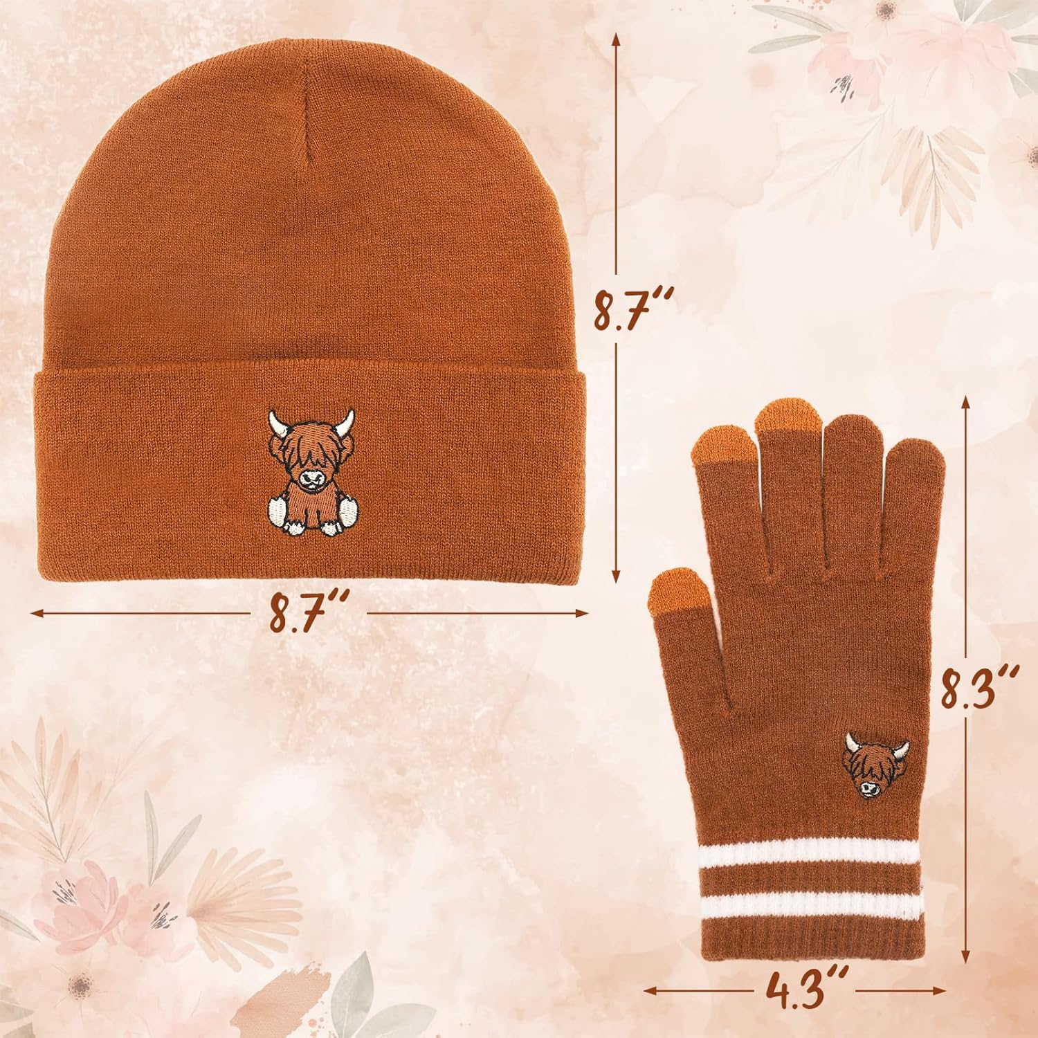 Vansolinne Highland Cow Beanie Hat and Gloves Women Winter Knitted Hat and Gloves Highland Scottish Cow Soft Cap and Gloves for Cold Weather Winter Accessories Gift for Her, Brown, Standard