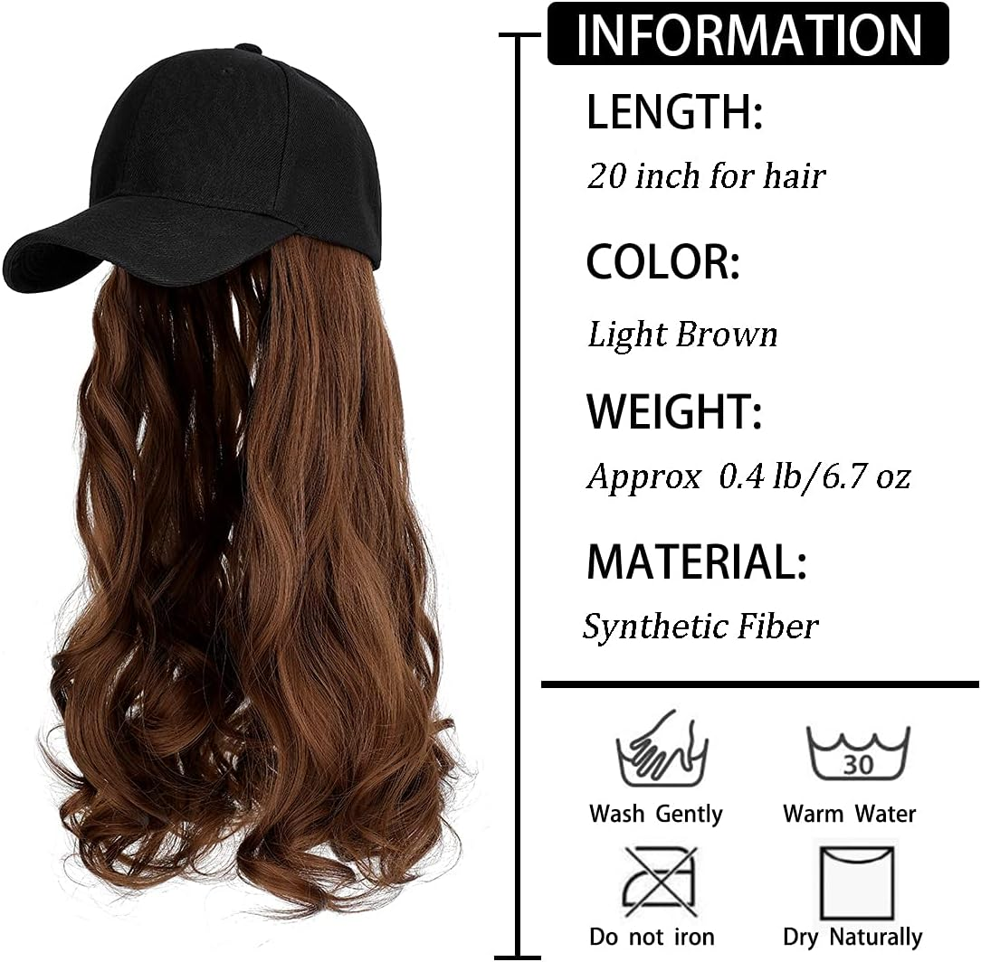 Aynnqueen Baseball Cap with Hair Extensions for Women Adjustable Hat with Synthetic Wig Attached 24Inch Long Wavy Hair Black Baseball Cap