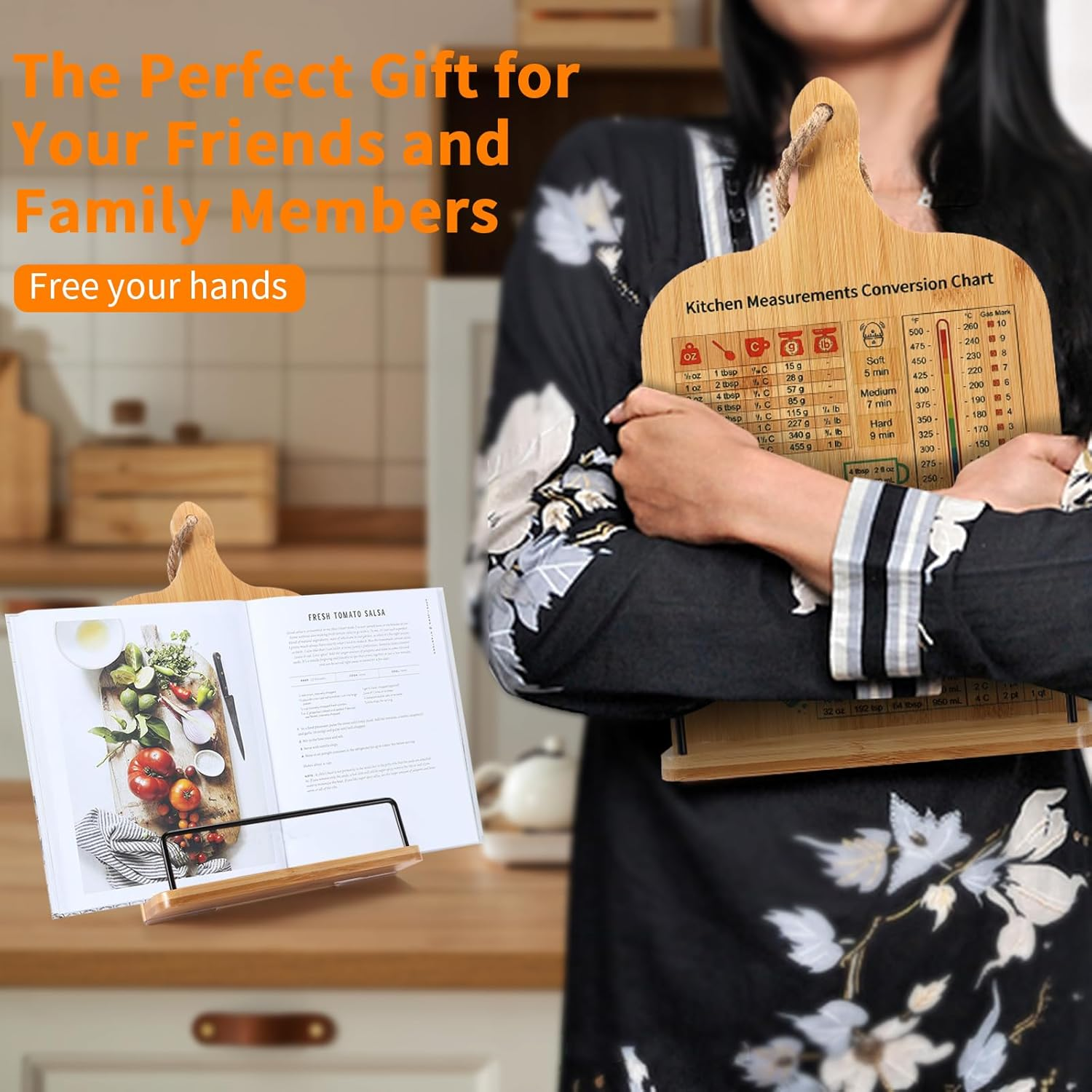 Bamboo Cookbook Stand,Recipe Book Stand with Measurement Conversion Chart,Unique Gifts for Women Mom Grandma Wife Sister Friends Mothers Day Anniversary,Essential Accessories for Holding Cookbooks image number 1