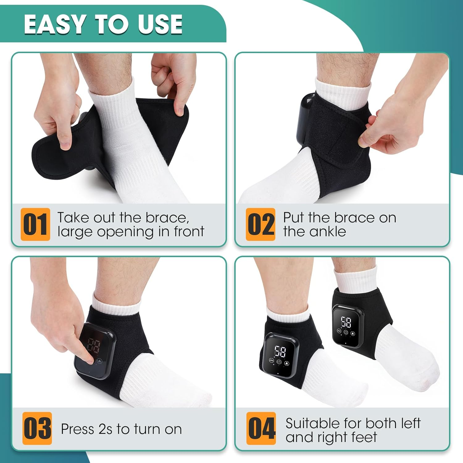 Heated Ankle Brace, Cordless Ankle Massager with 3 Heat Settings, Rechargeable Ankle Heating Pad with LCD Display, Heated Ankle Support for Left and Right Foot, 2 Pack image number 4