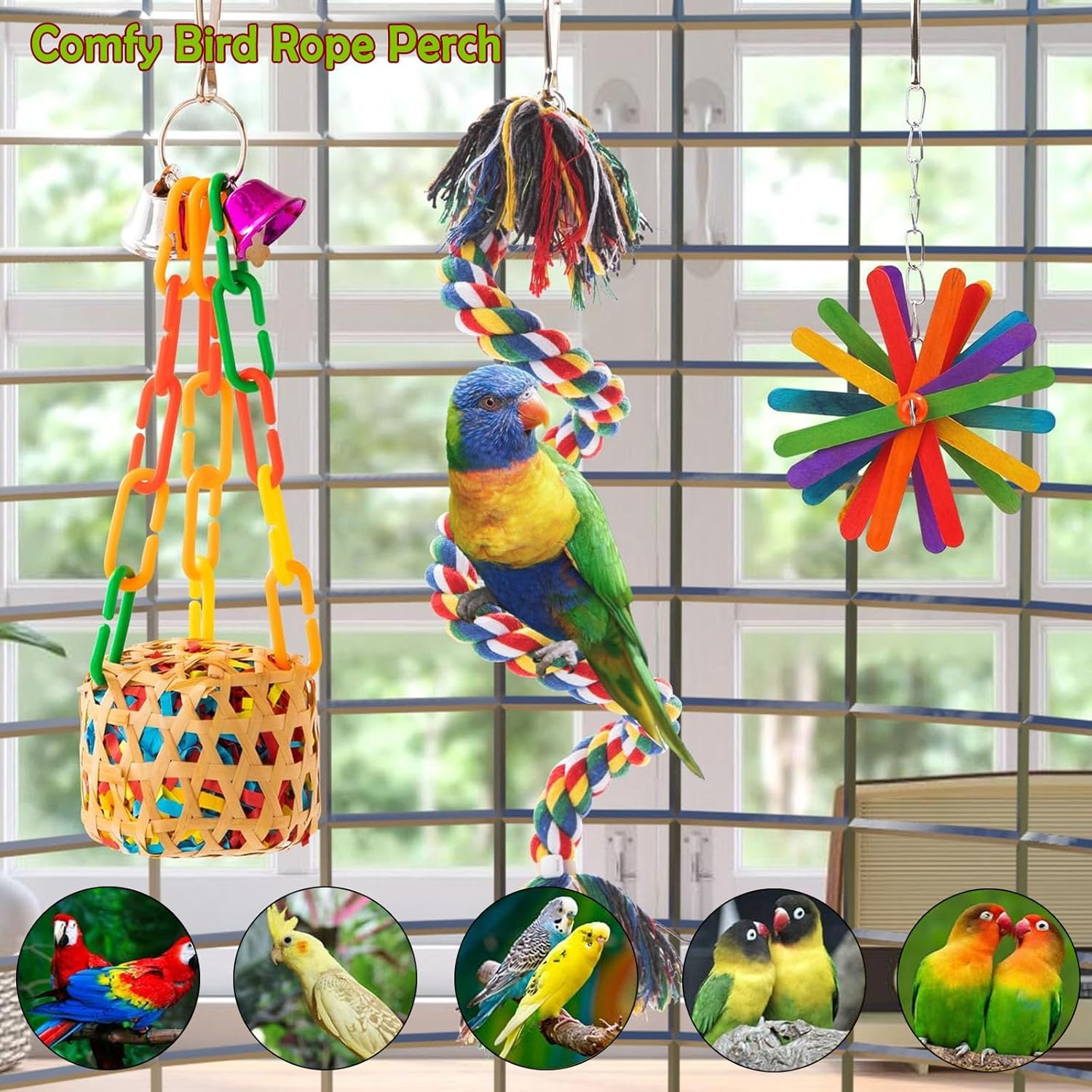 Wakouter Bird Toys, 6 Pcs Parrot Toys, Bird Swing Hanging Standing Chewing with Colorful Shredding Foraging, Climbing Ladder Bird Cage, for Lovebird, Conure, Cockatiel, Finches, Parakeets, Macaws image number 5