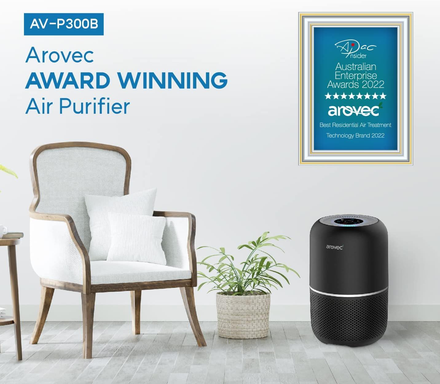 AROVEC Air Purifier Smart True HEPA Filter, Air Cleaner for Allergies, Pets, Pollen, Dust, Odour Eliminators for Bedroom, Smart Air Quality Sensor, 2-Yr Warranty, AV-P300, Black. image number 1