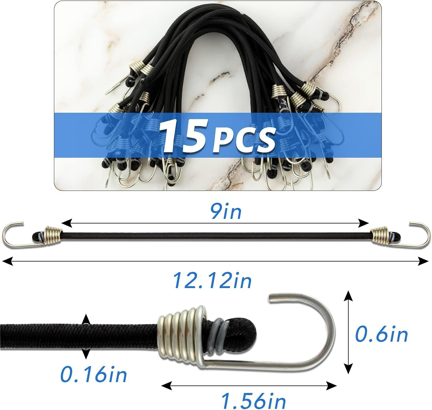 15Pcs Bungee Cords with Hooks, 9 Inch Rubber Small Black Bungee Cords with Carabiner Hooks for Camping, Bikes, Carrying and Organizing Things image number 4