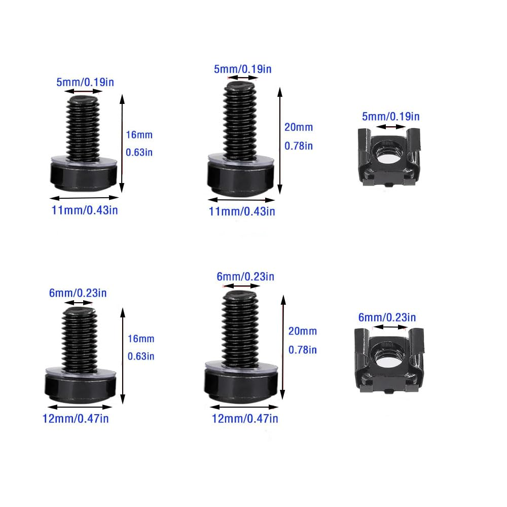 Armastuse 100 Set M5,M6 Cage Nuts Screws and Washers Set, Hardware Cage Nut Screws and Washers for Rack Mount Server Shelves Cabinet(Black) image number 2