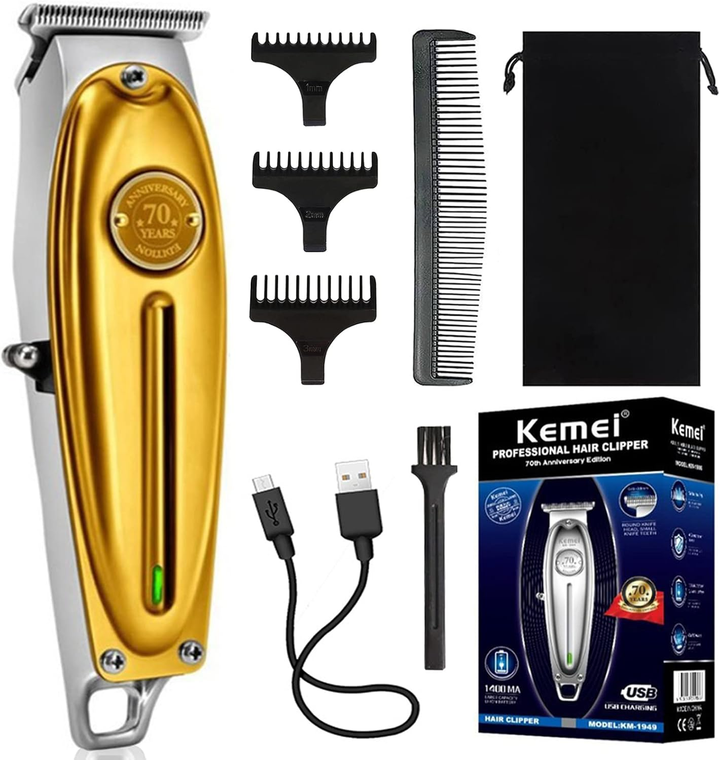 KEMEI 1949 Trimmer Professional Hair Clippers for Men Zero Gap Electric Cordless Beard/Hair Trimmer Rechargeable T-Blade Haircut Machine for Stylists and Barbers Grooming Kit, Gold