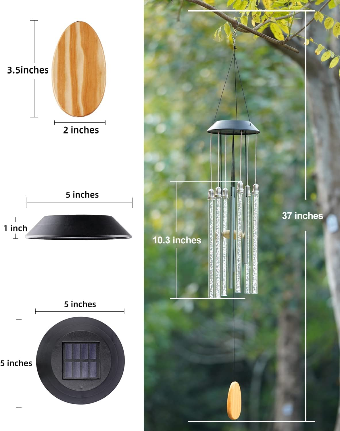 Solar Wind Chimes for Outside, Desgully 6 LED Tubes Color Changing Outdoor Clearance Unique Garden Decor Colorful Patio, Gifts for Her/Him (37" Long) image number 1