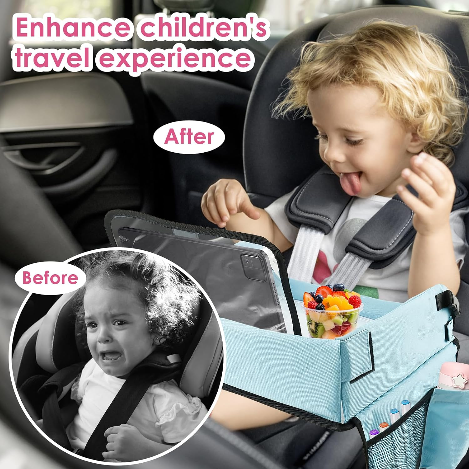 Kid Travel Tray, Portable Toddler Car Seat Tray, Foldable Car Seat Table, Practical Airplane Activity Table for Children Boy Girl (Blove) - Blove image number 6