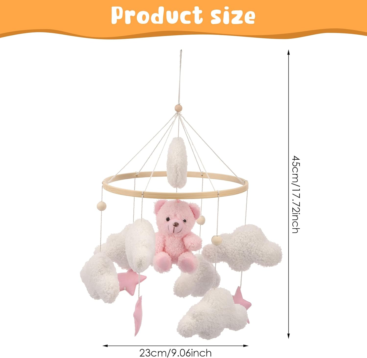 Baby Musical Crib Mobile, Hanging Rotating Plush Toys and Wood Nursery Mobile Cute for Infant Newborn Boy Girl,Total Height: 45Cm/17.72In (Pink) image number 5