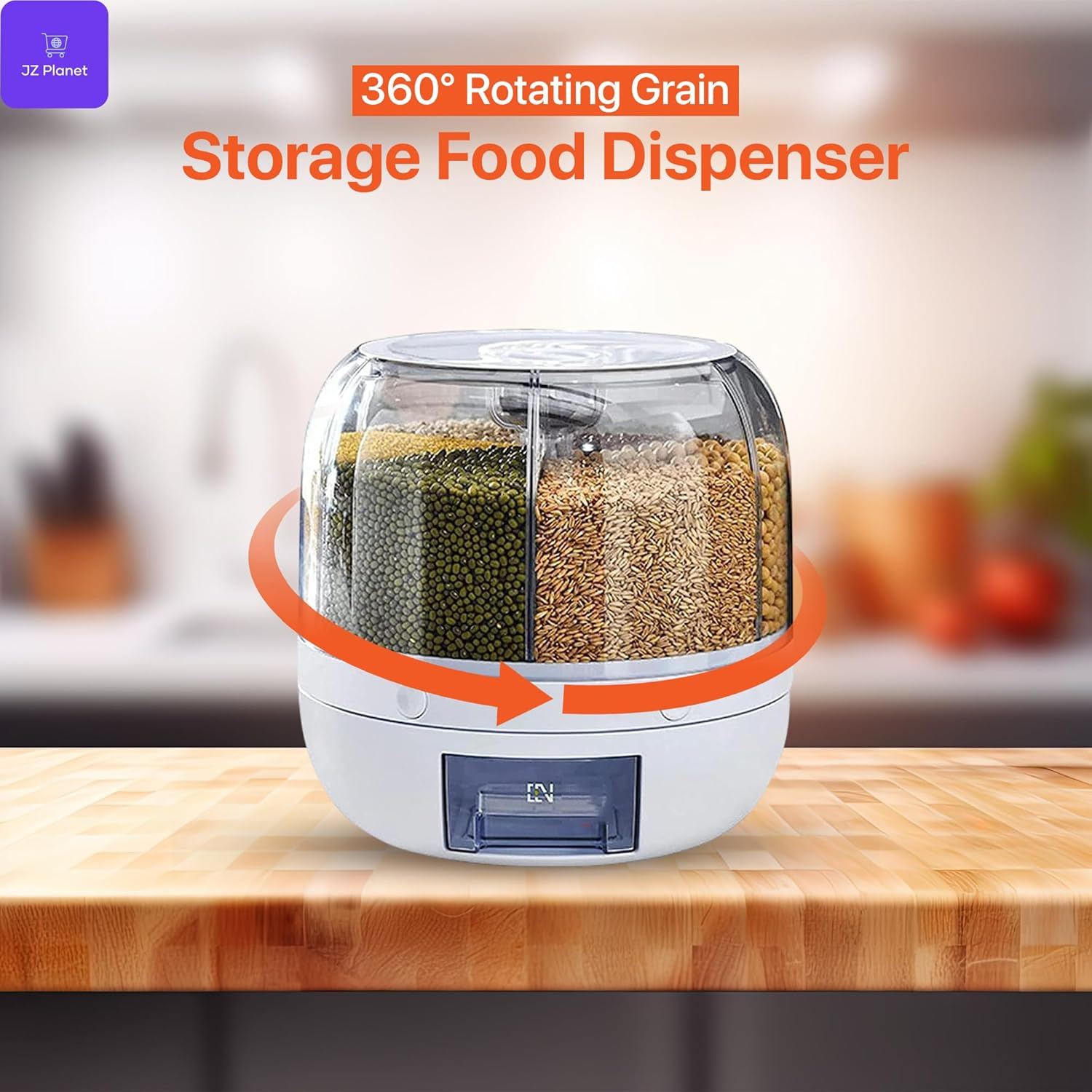 JZ Planet 6-Grid Rotating Food Grain Dispenser &ndash; 3.6L Airtight Dry Food Storage Container with One-Touch Release &ndash; White Bpa-Free Plastic Organizer for Cereal, Rice, Nuts, Snacks & Kitchen Pantry Use image number 4