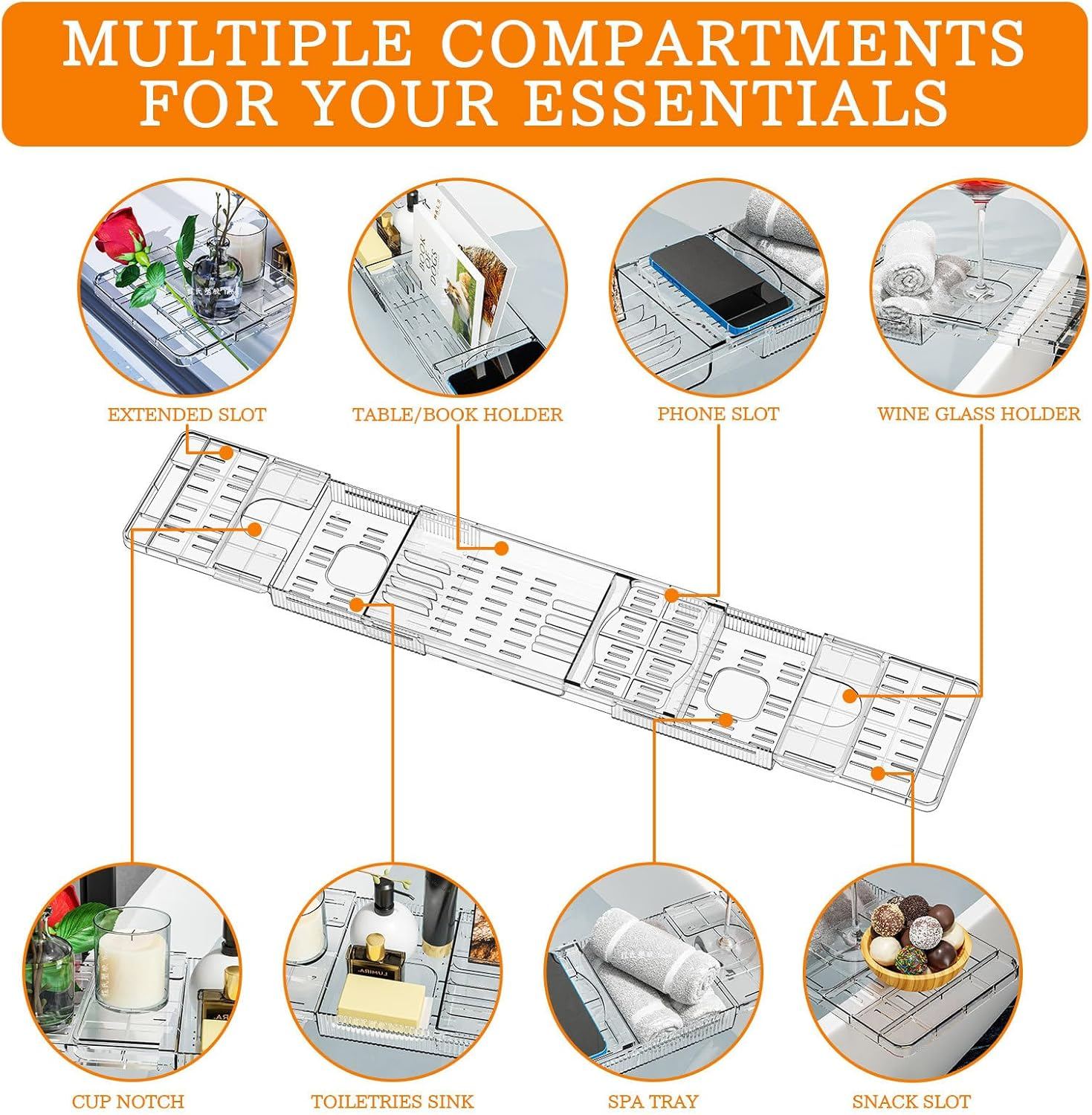 ROROUP Luxury Expandable Bathtub Tray for Tub, Clear Bath Tray with Adjustable Length, Bathtub Accessories for Relaxing, Bath Accessories for Women image number 5