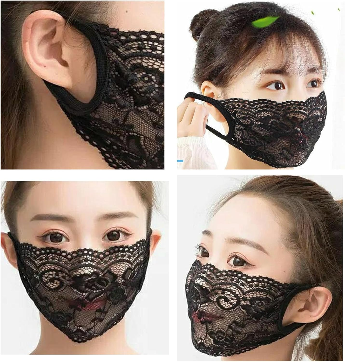 Deahea 2 Pack Single Layer Lace Mask Sunscreen Masks Mesh Hollow Face Shield Mask Half Face Cover Travel Mask for Women and Girls(Black+White) image number 1