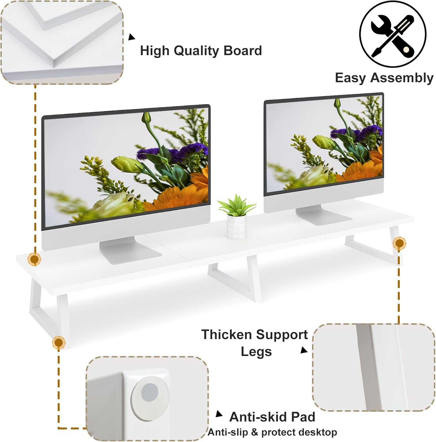 TEAMIX White Dual Monitor Riser for 2 Monitors-42Inch, Wood Desktop Dual Stand with Metal Legs, Long Screen/Pc/Laptop Storage,Computer Shelf TV Holder Home Office (White) image number 6