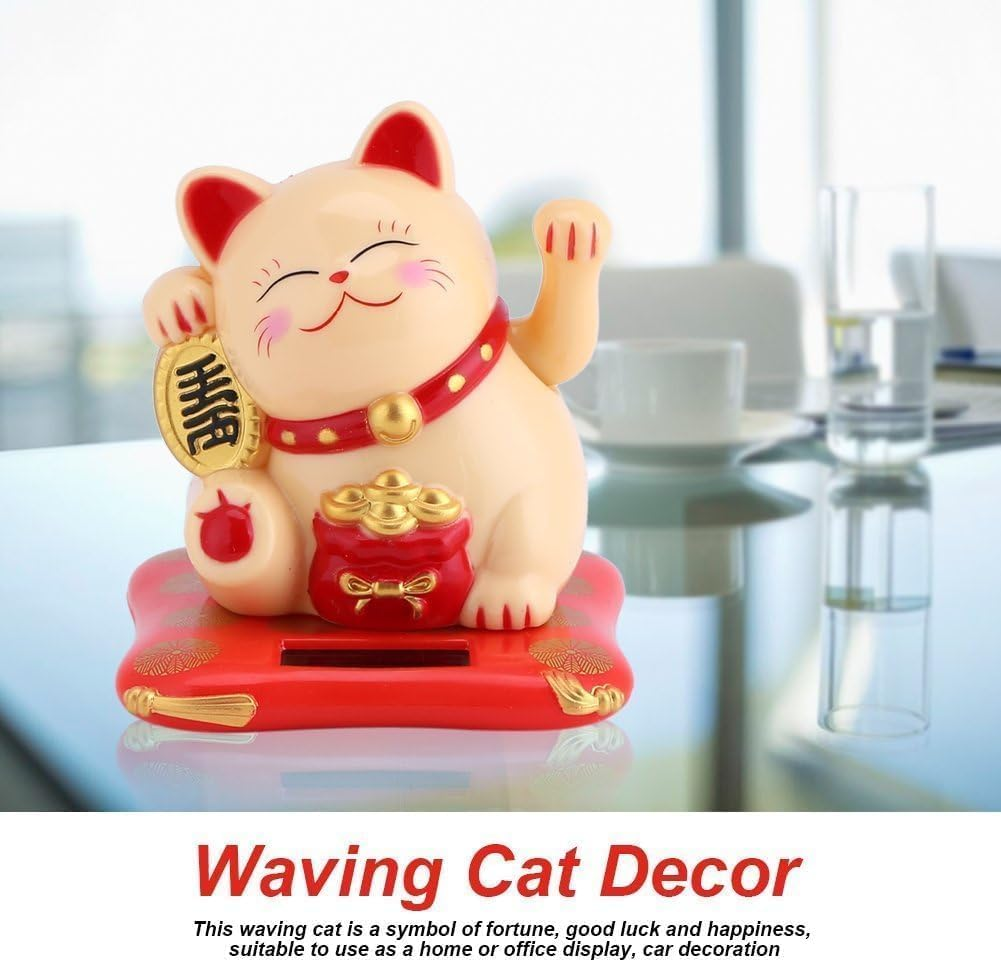 Solar Powered Lucky Cat, Lucky Cat Ornament, Fortune Cat Happy Cat Waving Arm White Wealth Welcoming Cat Solar Powered Cute Lucky Cat with Waving Arm for Home Office Car(Golden) image number 6