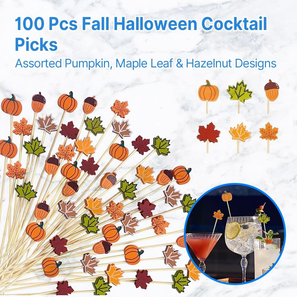 100 Pcs Fall Cocktail Picks - Pumpkin, Maple Leaf & Hazelnut Bamboo Toothpicks for Appetizers, Drinks, Charcuterie, Halloween & Thanksgiving Party Food Decorations image number 4