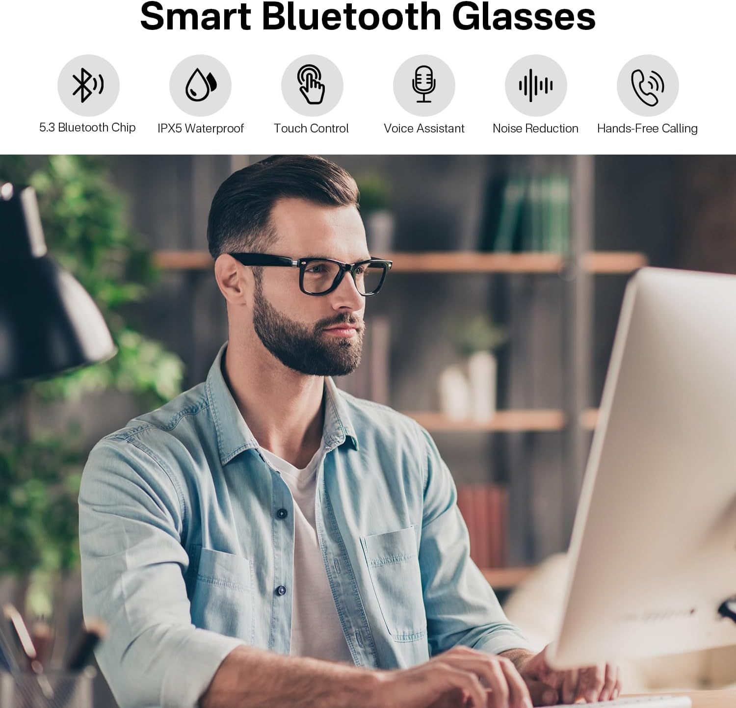 Smart Glasses for Men and Women, Blue Light Filtering Lenses, Audio Glasses with Mic & Speakers, Touch & Voice Assistant Compatible - up to 6 Hrs Battery, Bluetooth Glasses for Office, Driving, Clear, image number 5