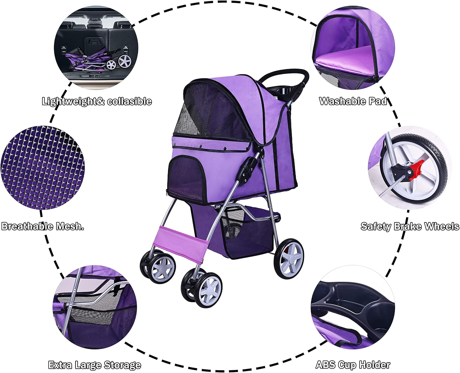 ELEVON Pet Stroller, 4 Wheels Multifunction Dog Cat Stroller, Folding Portable Travel Stroller with Detachable Carrier, Suitable for Medium Small Dogs Cats(Purple) image number 2
