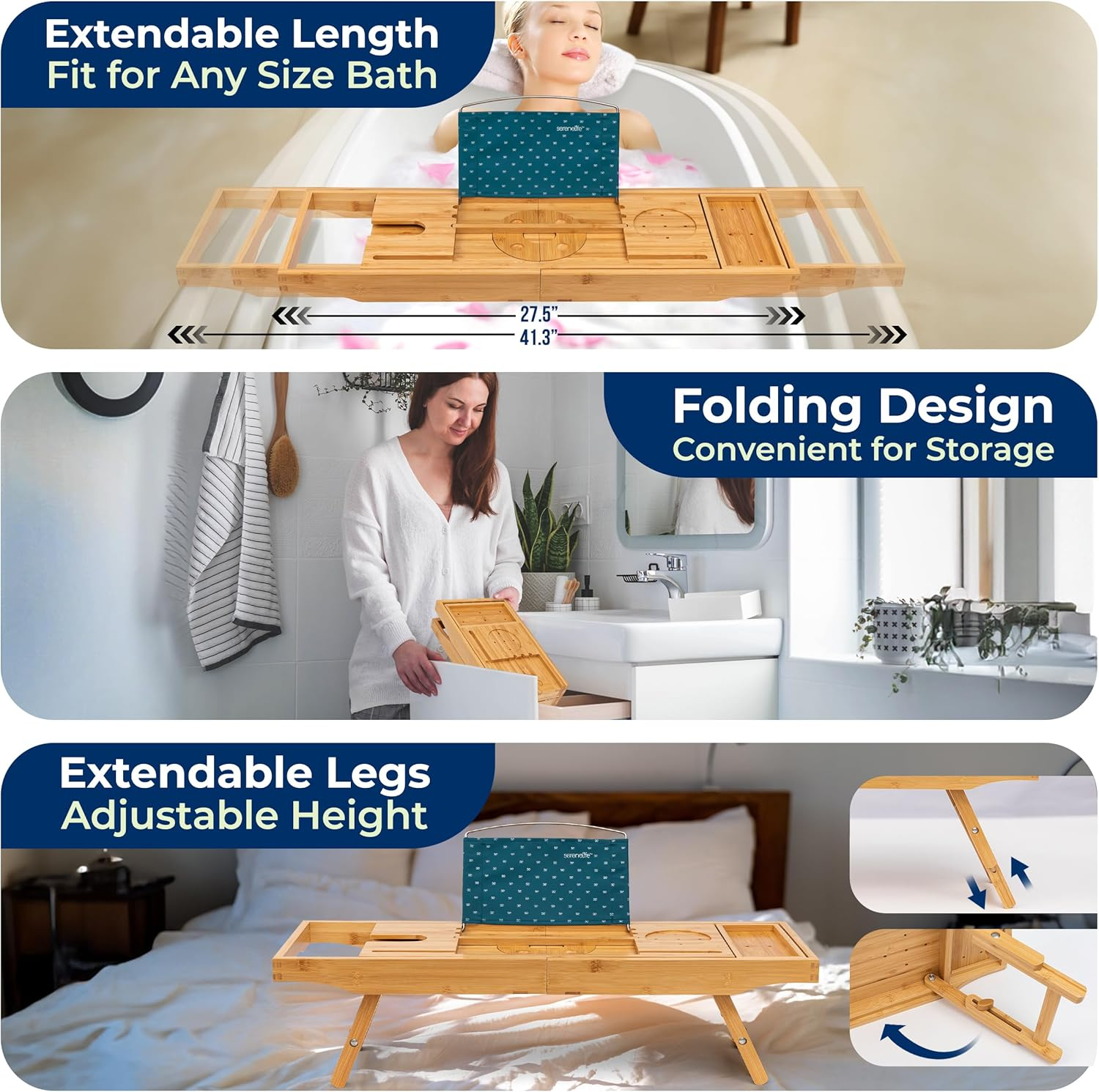 Serenelife 2 in 1 Bed and Bath Tray - Foldable Bamboo Bathtub Caddy with Adjustable Length, Non-Slip, Device Holder, Wine Glass Slot, Expandable for Comfortable Bathing (Folding, Soft Back, Gift Set) image number 4