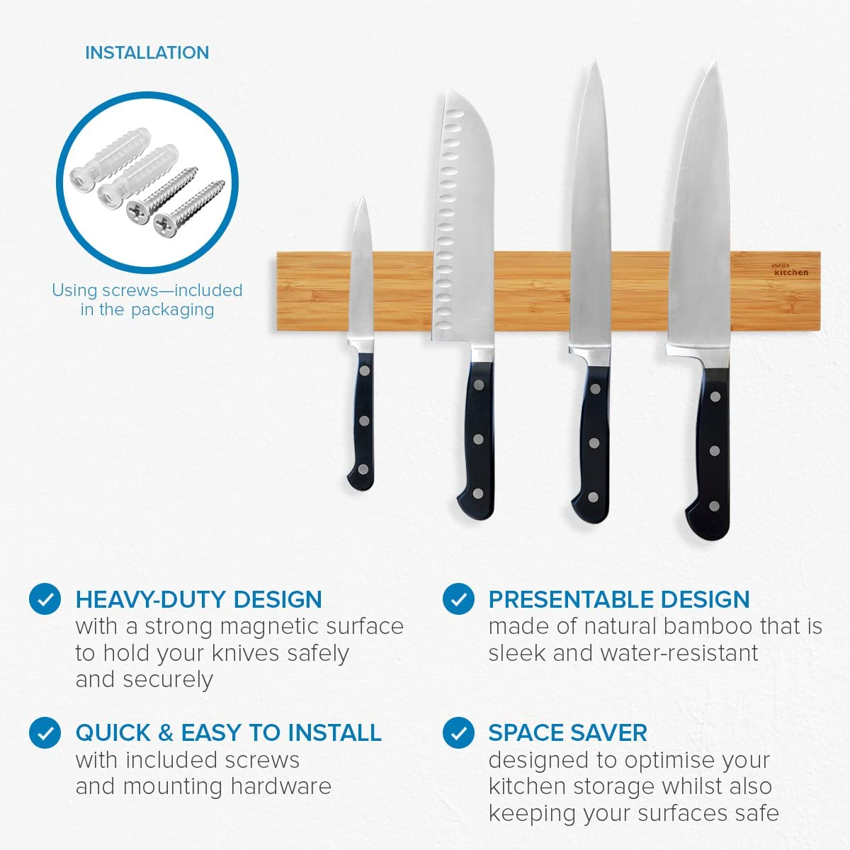 Joeji'S Kitchen Magnetic Knife Holder 16" 40Cm - Made from Bamboo - Extra Strong Magnetic Rack - Wall Mounted Kitchen Knives & Utensils Storage Organiser image number 6