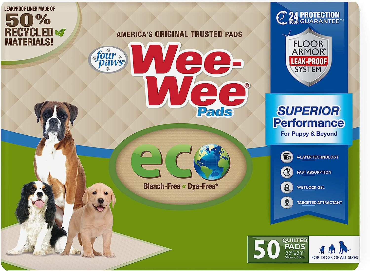 Four Paws Wee-Wee Superior Performance Eco Pee Pads for Dogs - Earth-Friendly Dog & Puppy Pads for Potty Training - Dog Housebreaking & Puppy Supplies - 22" X 23" (50 Count) image number 5