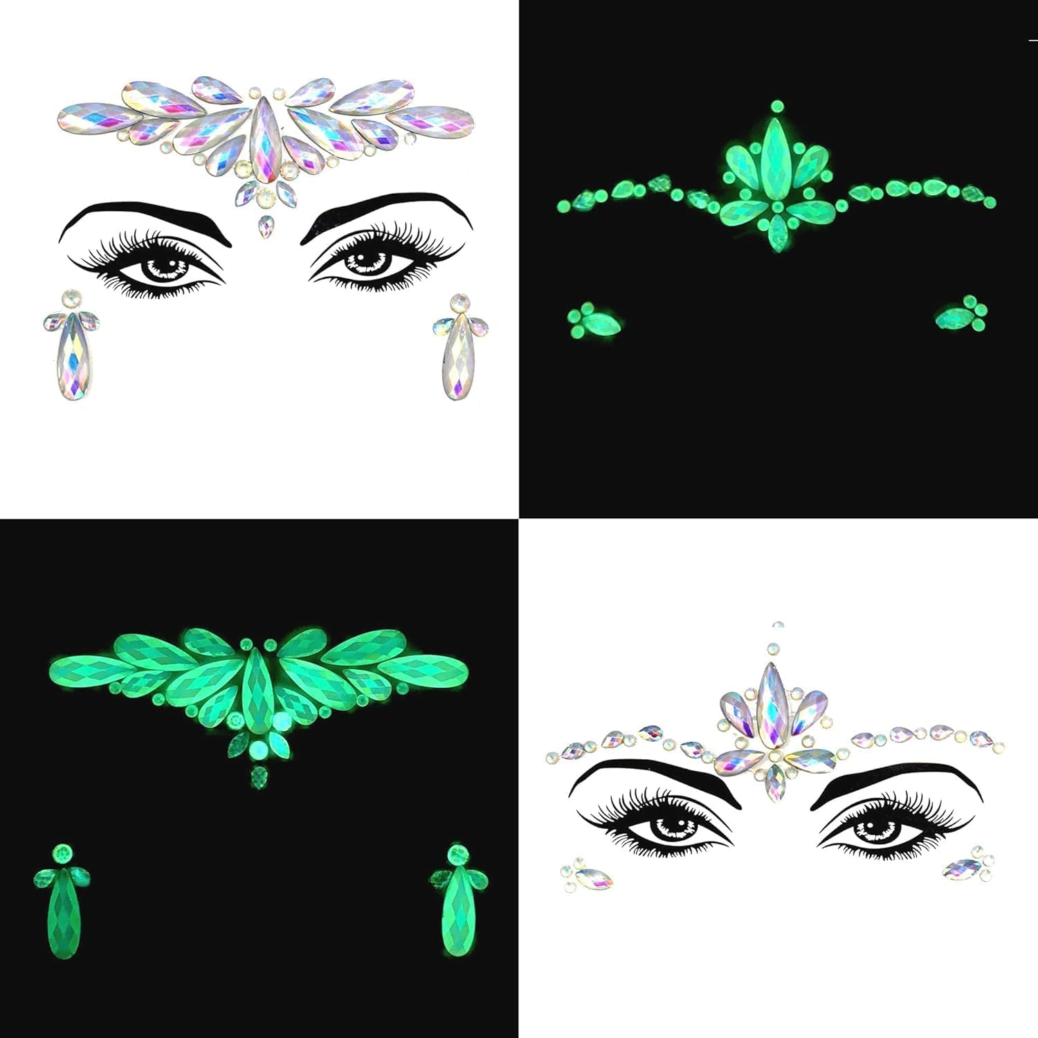 Glamifyr Pack of 8 Glow-In-The-Dark Gemstones for Face, Face Gemstones, Luminous Temporary Tattoo Stickers, Acrylic Crystal, Glitter Stickers, Waterproof, Jewellery, Tears, Rhinestones for Party image number 5