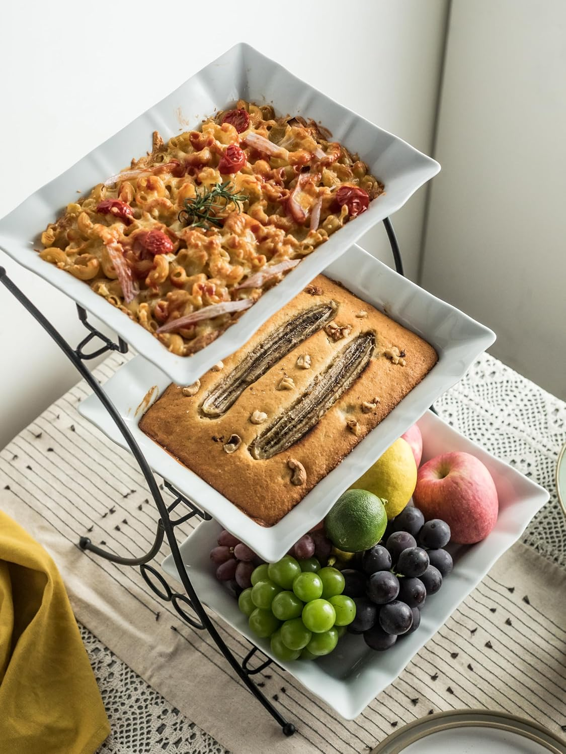 Tiered Serving Stand 3 Tier Buffet Server with Casserole Perfect Tray Porcelain White Platters for Party Serving Display Large Size image number 3