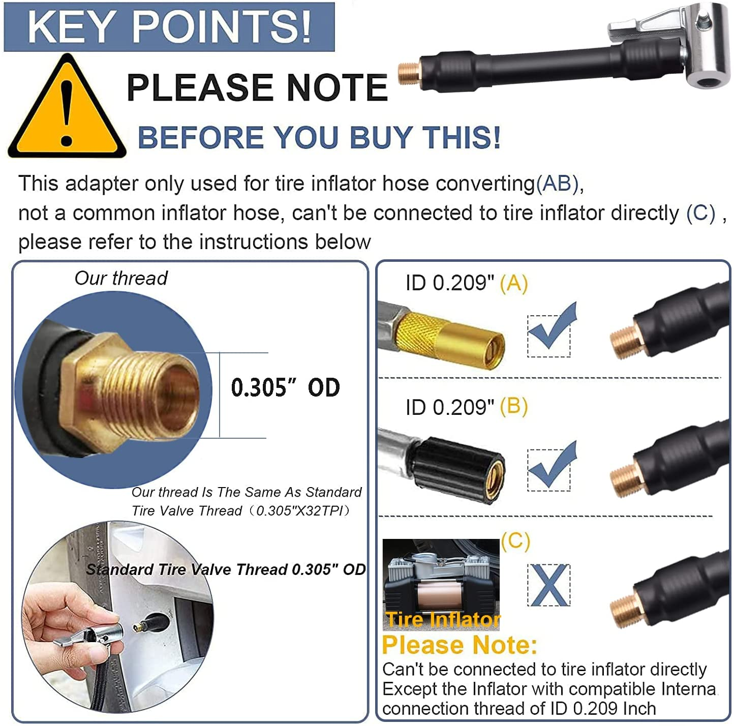 2Pcs Inflator Hose Adapter - Convert Twist on to Lock on Connection, Locking Chuck with Hose and Standard Tire Valve Fine Thread image number 3
