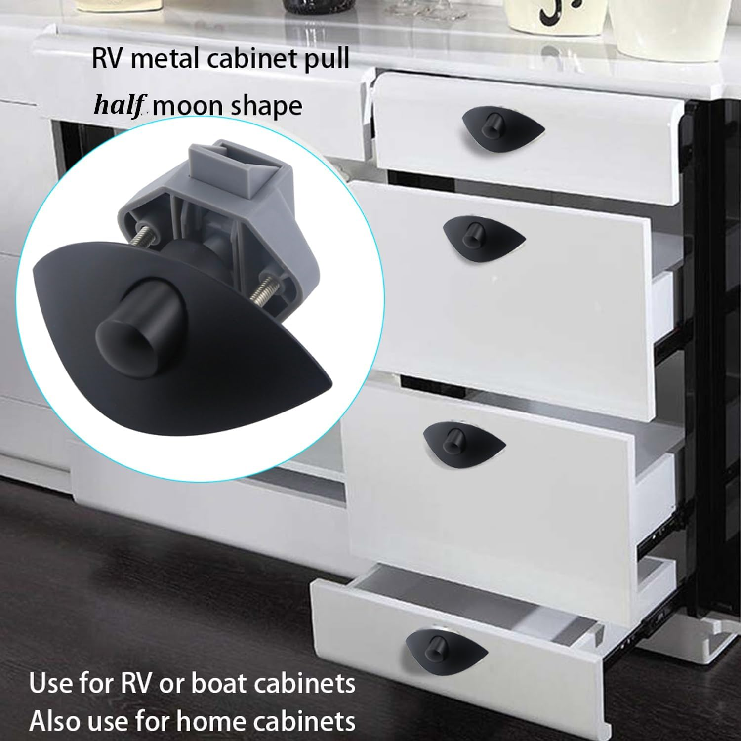 Mtsmart RV Push Button Door Catch Lock for Motorhome Caravan Van Yacht Boat Marine, Half Moon Cabinet Handle Caravan RV Cupboard Drawer Zinc Alloy Push Lock Latch Knob Pull (5, Black) image number 3