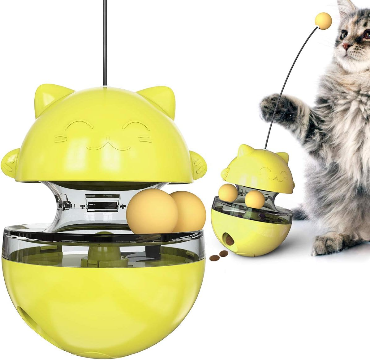 CYBERNOVA Interactive Wobble Cat Toy with a Teaser Wand, Built -In Treat Dispenser/Pet Puzzle Toy/Slow Feeder for Cats and Kitten (Yellow)