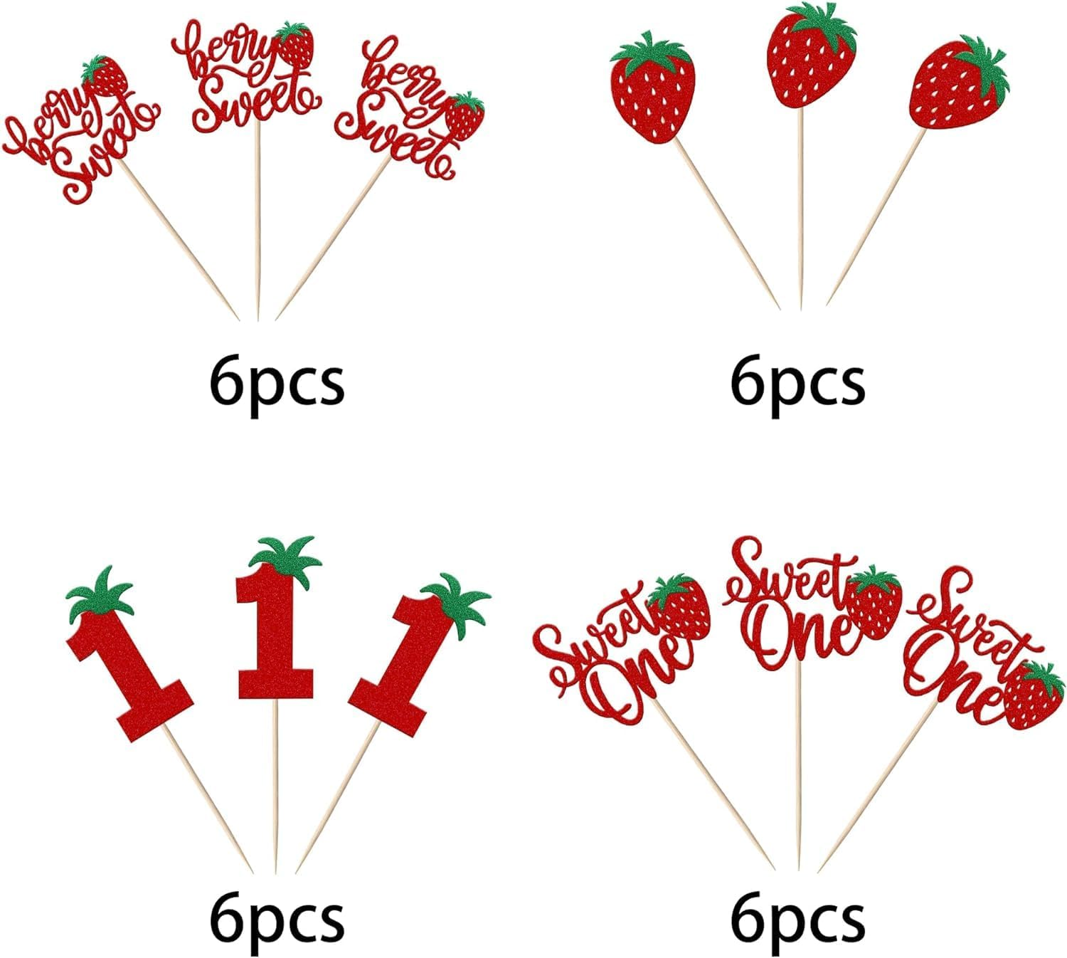 SYKYCTCY 24 Pack Sweet One Cupcake Toppers Glitter First Birthday Strawberry Cupcake Picks for Fruit Baby Shower 1St Birthday Berry Sweet Cupcake Decorations Party Supplies (#1) image number 3