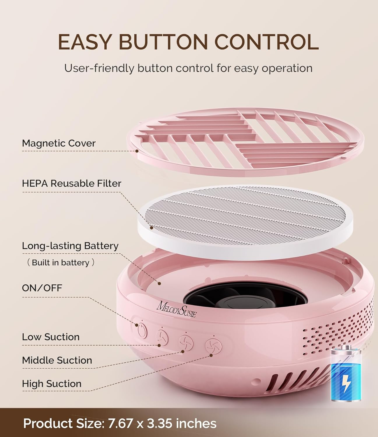 Melodysusie Cordless Nail Dust Collector,Compact Rechargeable Vacuum Fan with Reusable Filter,Spror Powerful Dust Suction Machine for Acrylic Gel Polish Manicure Pedicure at Salon&Home,Pink image number 1