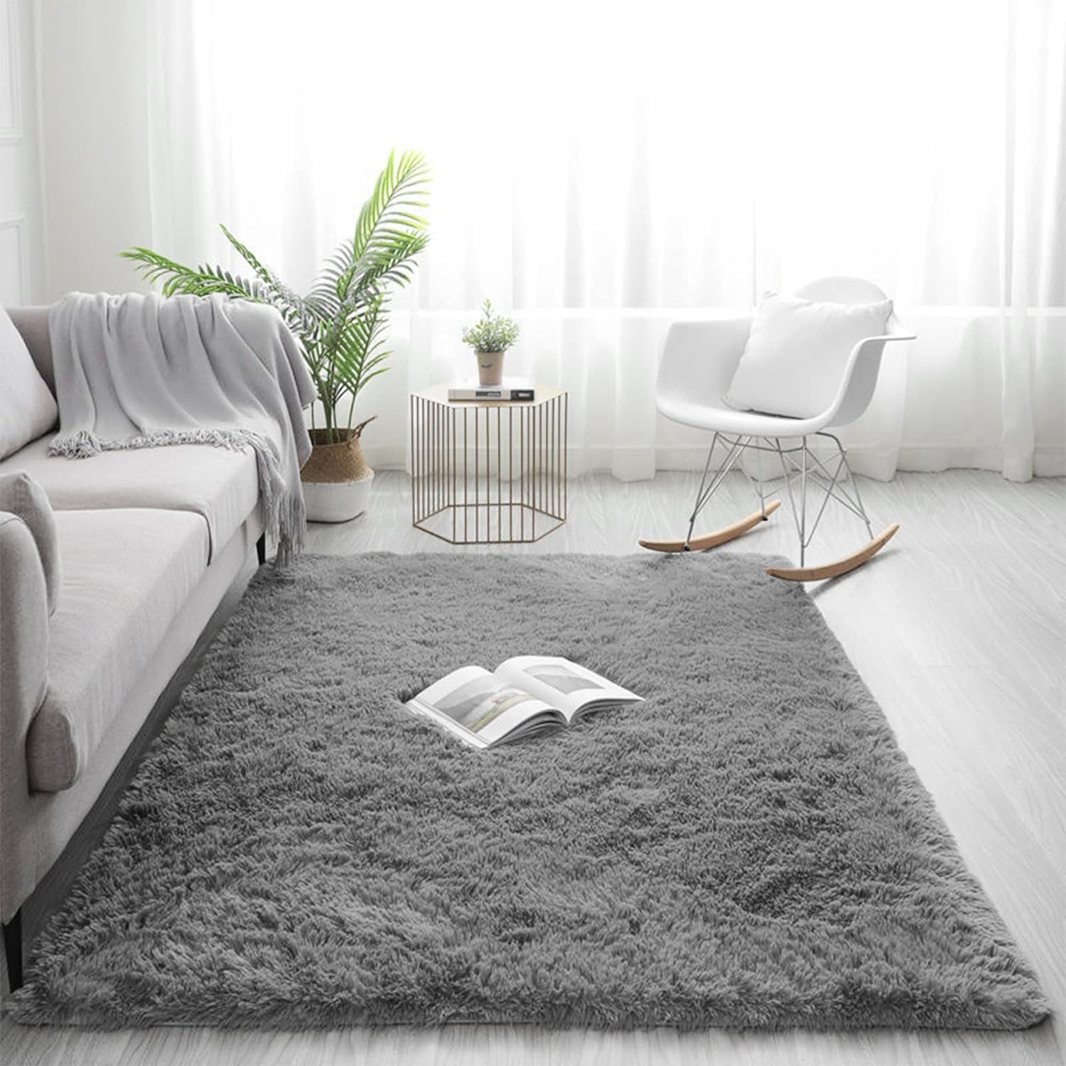 ADVWIN Fluffy Rug, Soft Shag Fluffy Area Rug, Non-Slip Durable Large Floor Carpet, Dark Grey Rectangular Rug for Living Room, Bedroom, Kids Play Room, Dormitory, Hotel (200X230Cm)