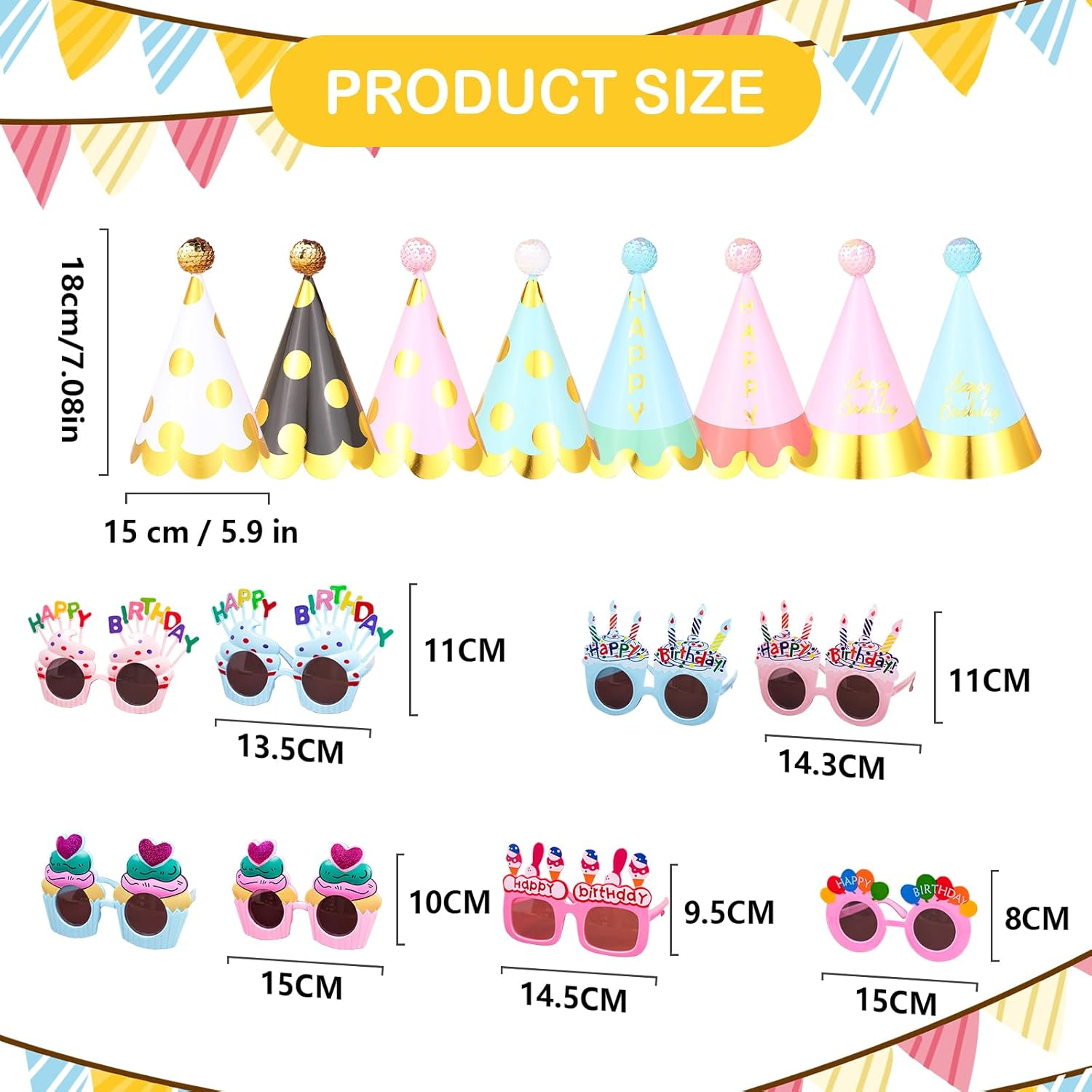 Xugoox 16 Pcs Happy Birthday Party Hats Birthday Sunglasses Pom Pom Assorted Boys Girls Rainbow Birthday Hat and Glasses Paper Cone Hats for All Ages Birthday Party Favors Decor Photo Props image number 4