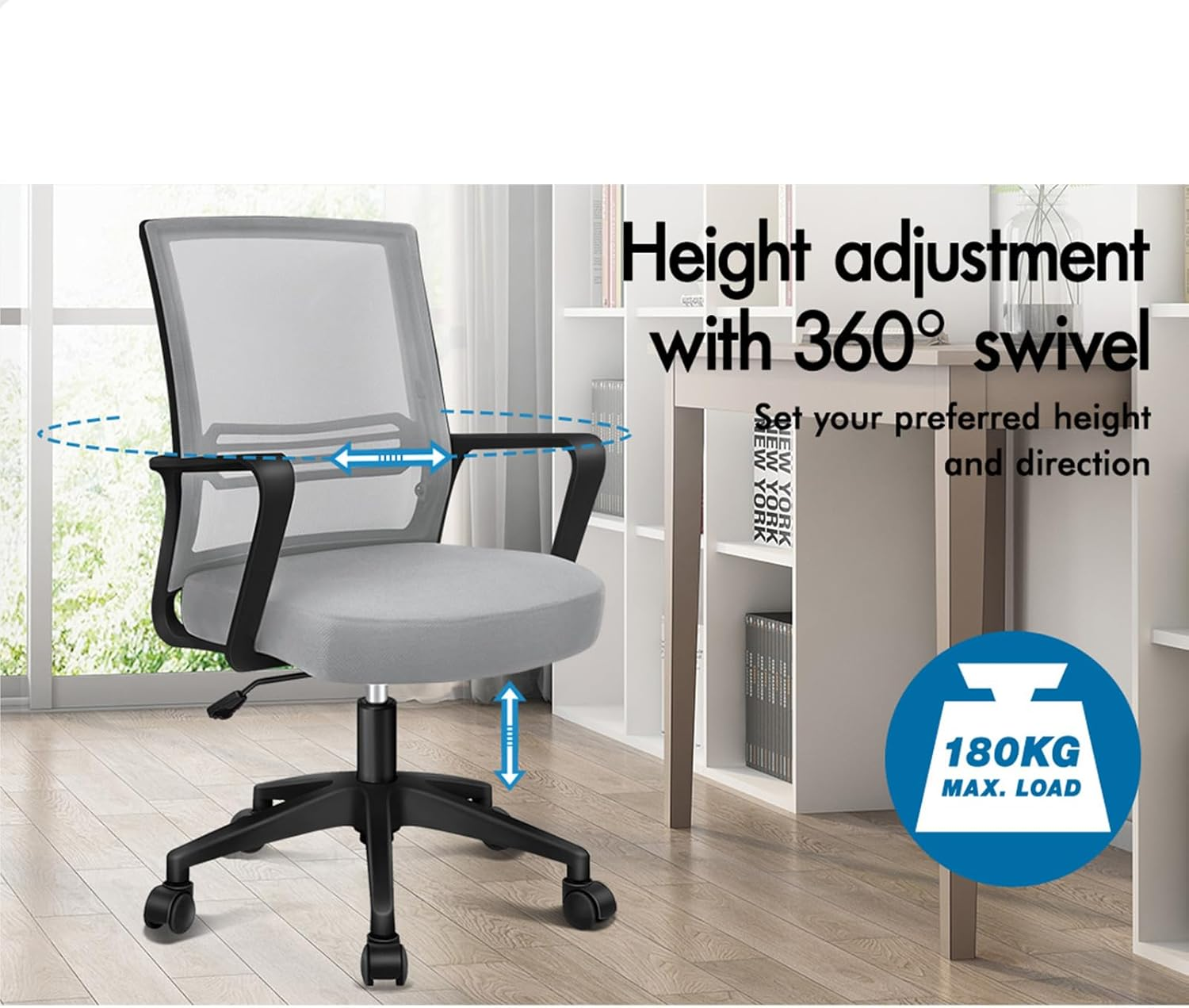 ALFORDSON Mesh Office Chair with Sgs-Approved Gas-Lift, Mid Back Executive Computer Desk Chair, Fabric Seat Gaming Racing Chair, Max 180Kg Loading(Fina Black Grey) image number 1