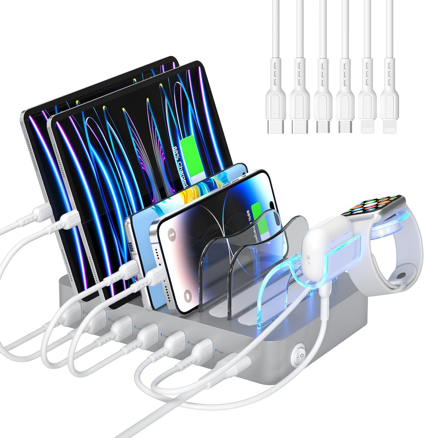 Soopii Premium 6-Port USB Charging Station Organizer for Multiple Devices, 6 Short Charging Cables and One Upgraded I-Watch Charger Holder Included, for Phones, Tablets, and Other Electronics,Silver