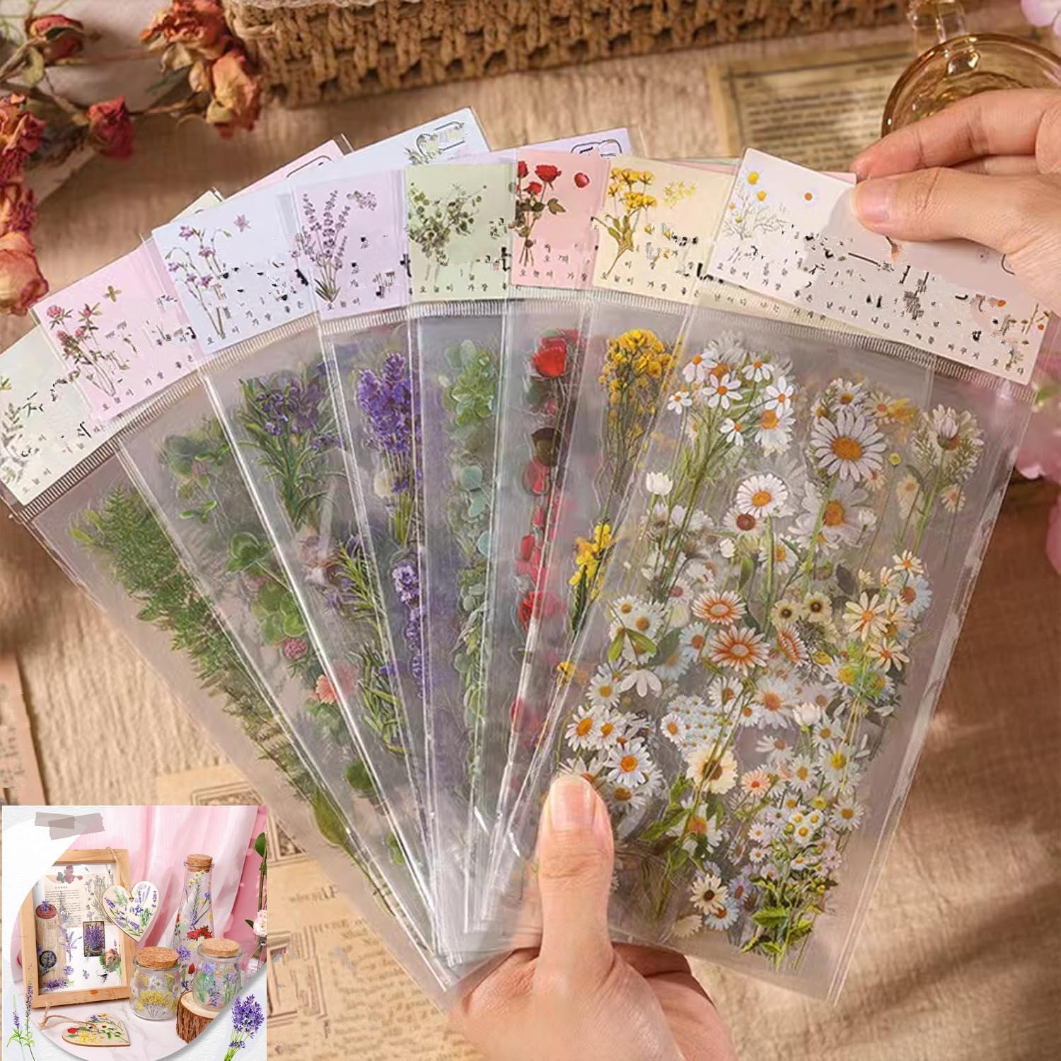 Scrapbooking Supplies Stickers (720Pcs /8Pack), Vintage Transparent Decorative Pretty Retro Floral Stickers Set, Nature Themes Stickers, for Scrapbooking Journaling DIY image number 1