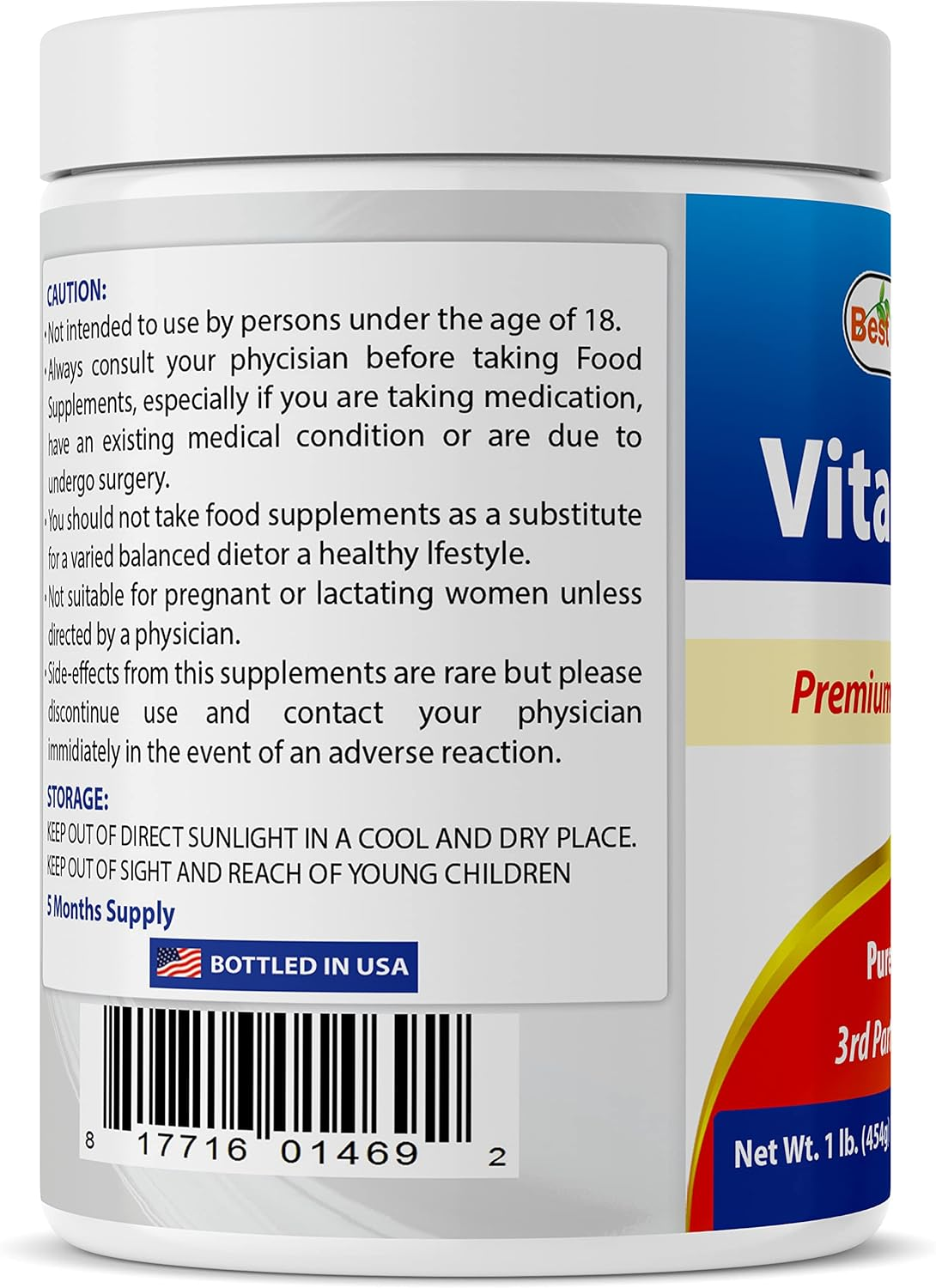 Best Naturals 100% Pure Vitamin C Powder 0.5Kg (454 Grammes) Powder (Also Called Ascorbic Acid) image number 1