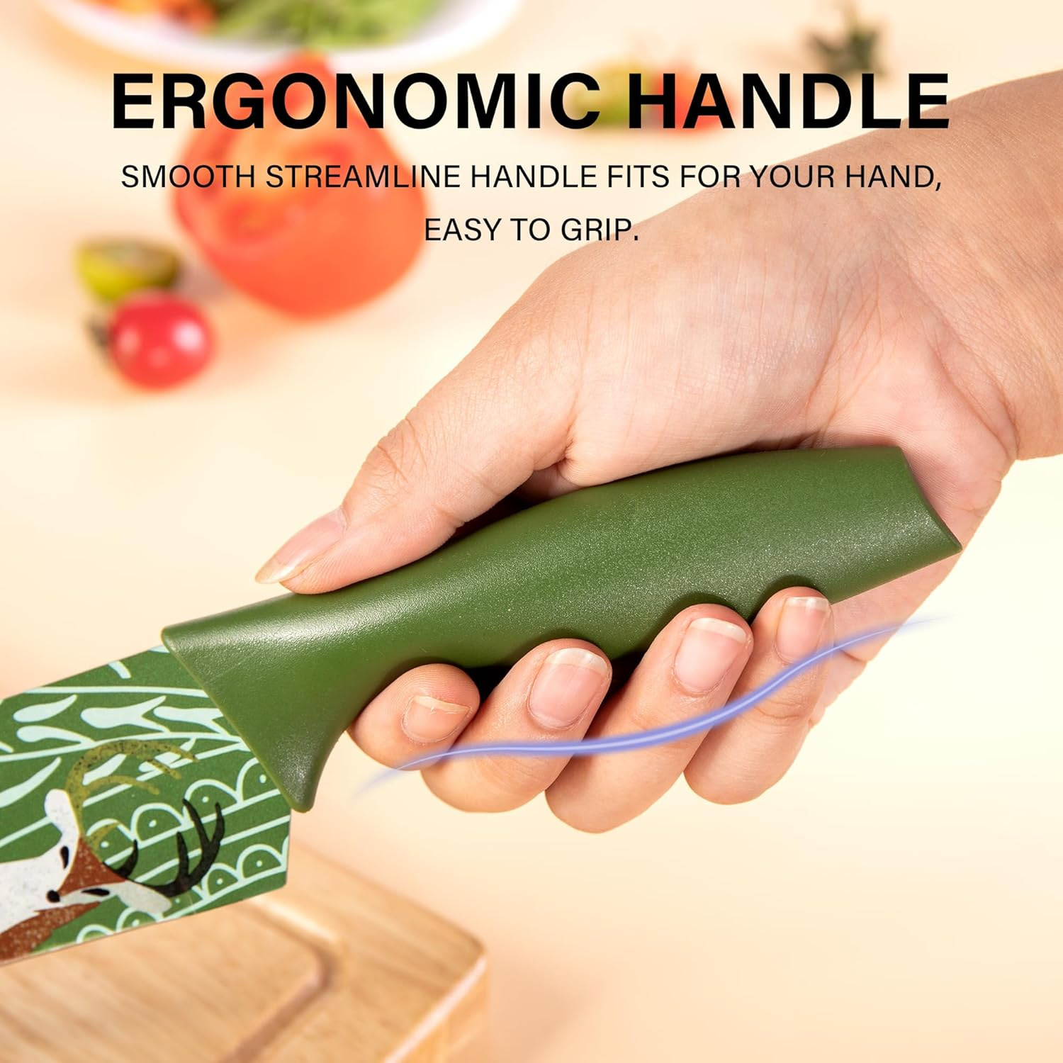 WILLKOMMEN Kitchen Knife Set 3 PCS, Professional Sharp Stainless Steel Chef&rsquo;S Knife Set, Food Grade Non-Stick Color Printing Animals Pattern Knives Set, Good Choice for Birthday, Housewarming (Green) image number 5