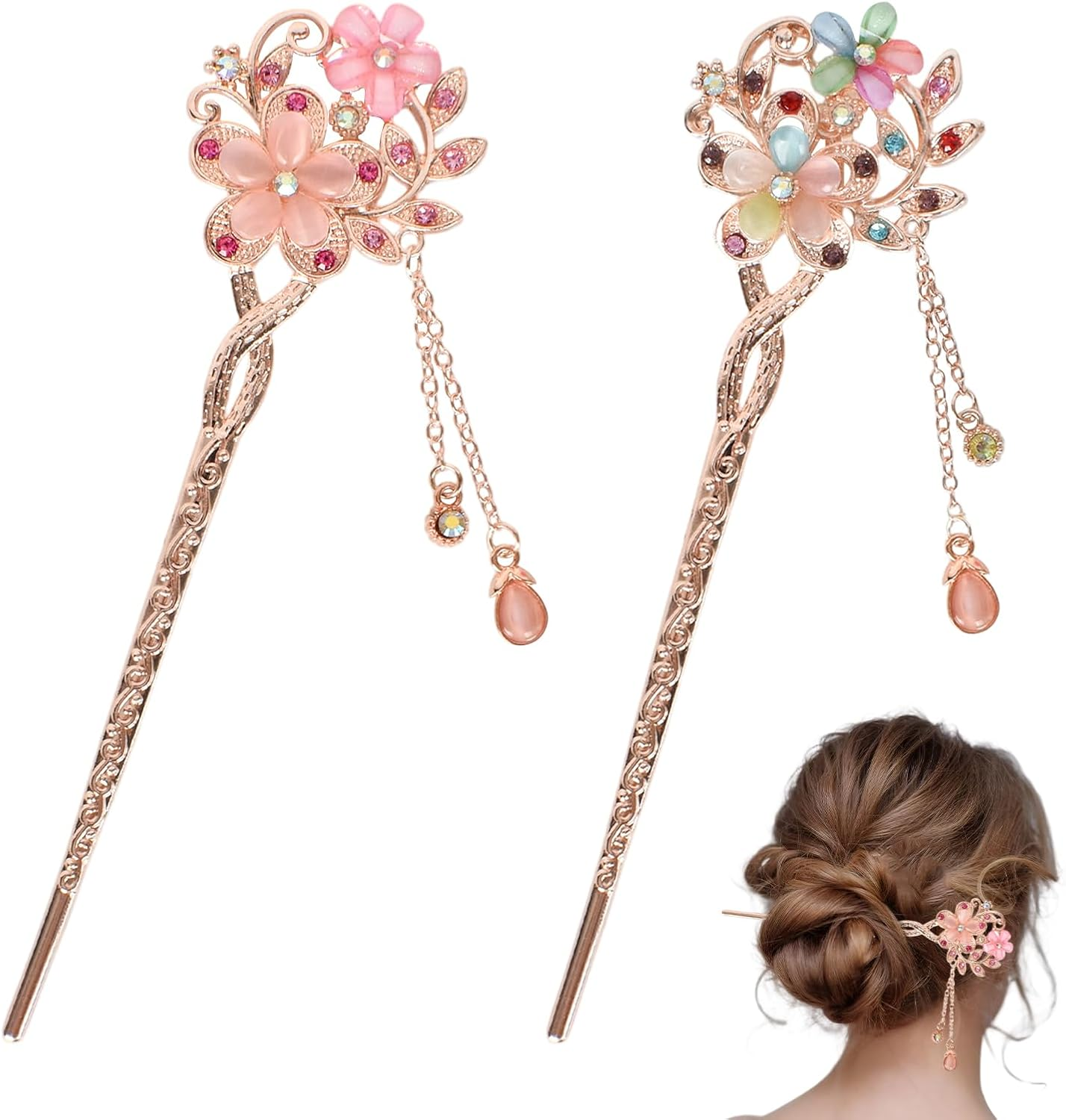 Pack of 2 Hair Sticks, Vintage Chinese Hair Sticks, Rhinestone Hair Chopsticks, Alloy Hair Stick with Tassel, Vintage Hair Chopsticks, for Girls Women Hair DIY Accessories image number 3