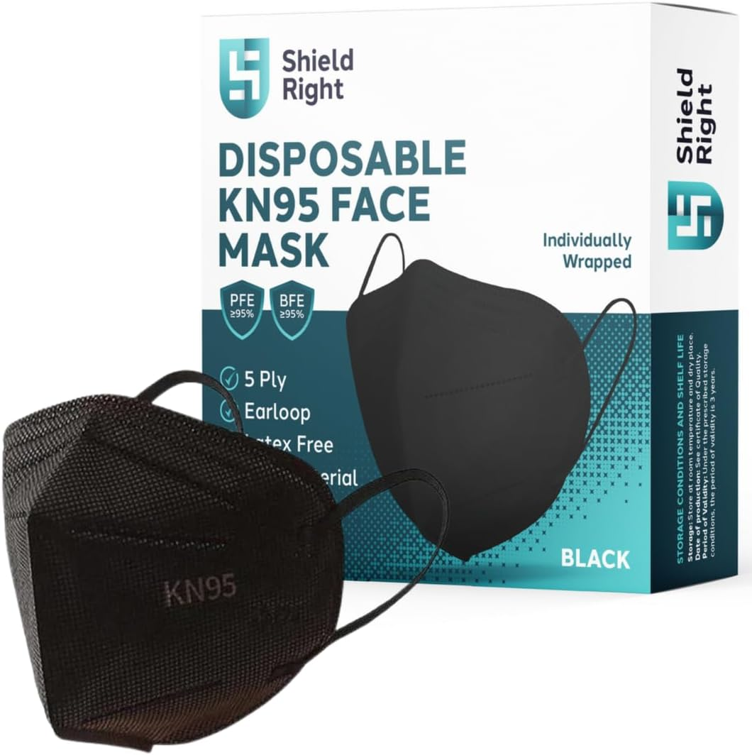 Shield Right KN95 Face Masks 10 Pack &ndash; Individually Wrapped 5-Ply Disposable Masks | N95 P2 Equivalent | Black or White | Comfortable, Breathable, Latex-Free