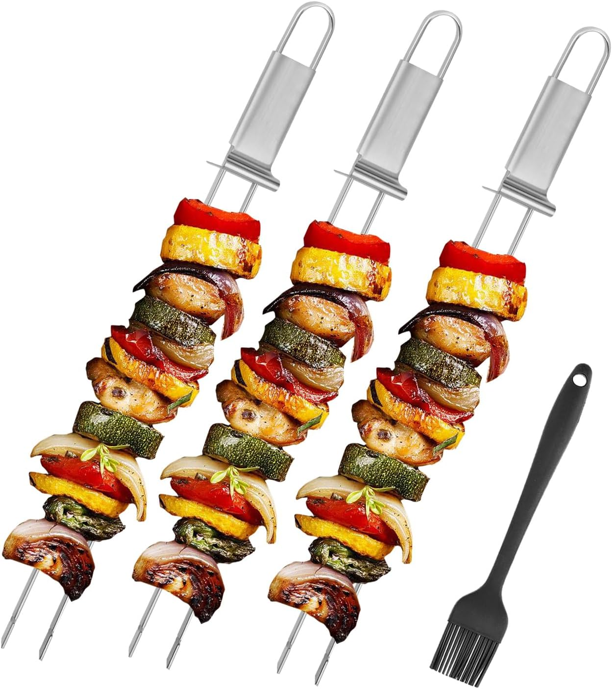BBQ Skewers, Premium 304 Stainless Steel BBQ Skewers,15 Inch Heavy Duty Metal Kabob Sticks for Grilling, Reusable & Dishwasher Safe (Single Fork8)