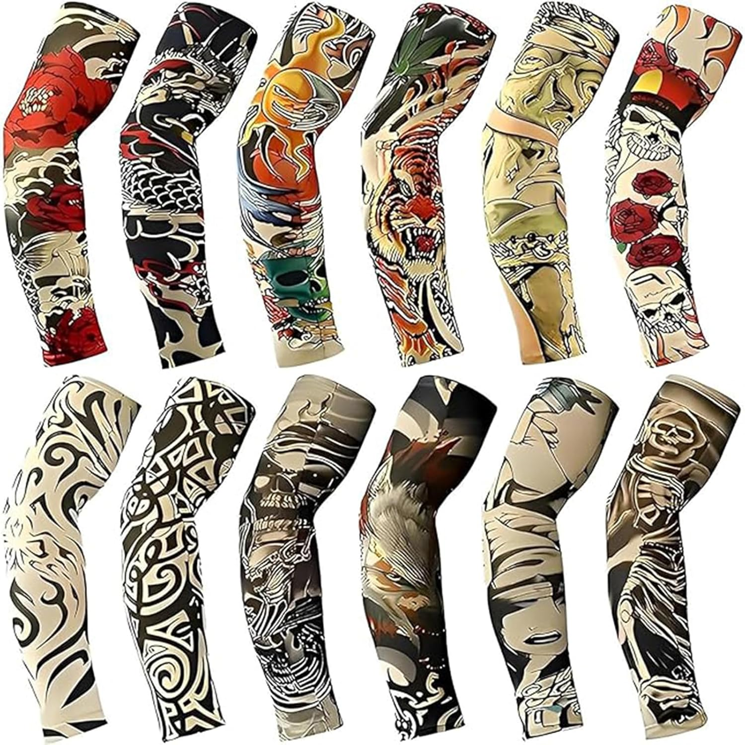 YARIEW Tattoo Sleeves for Men, 12Pcs Arm Sleeves Fake Tattoos Sleeves to Cover Arms Cooling Sun Protection Sleeves