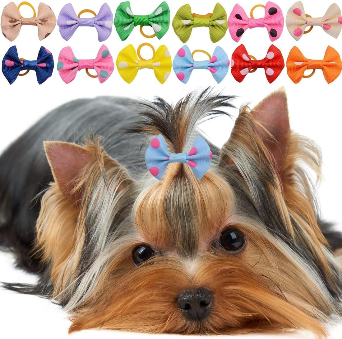 Dog Hair Accessories, Pack of 20 Dog Hair Bows, Dog Hair Accessories, Dog Hair Bows with Elastic Band, Pet Dog Hair Bows for Long Hair Pet, Multicoloured, Random Style image number 1