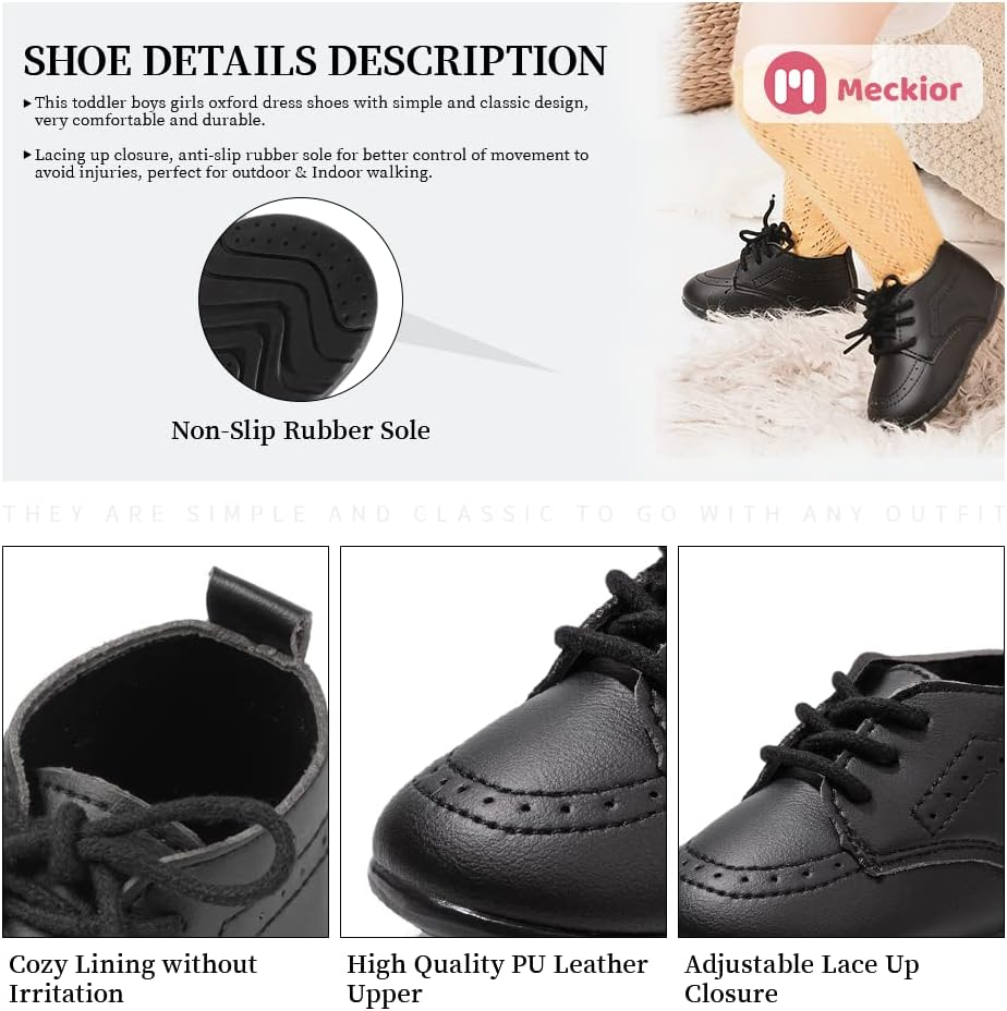 Meckior Infant Baby Boys Girls Classic PU Leather Wedding Loafers Brogue Toddler Oxford Dress Shoes First Steps Walking Flat Lazy Crib Shoe image number 5